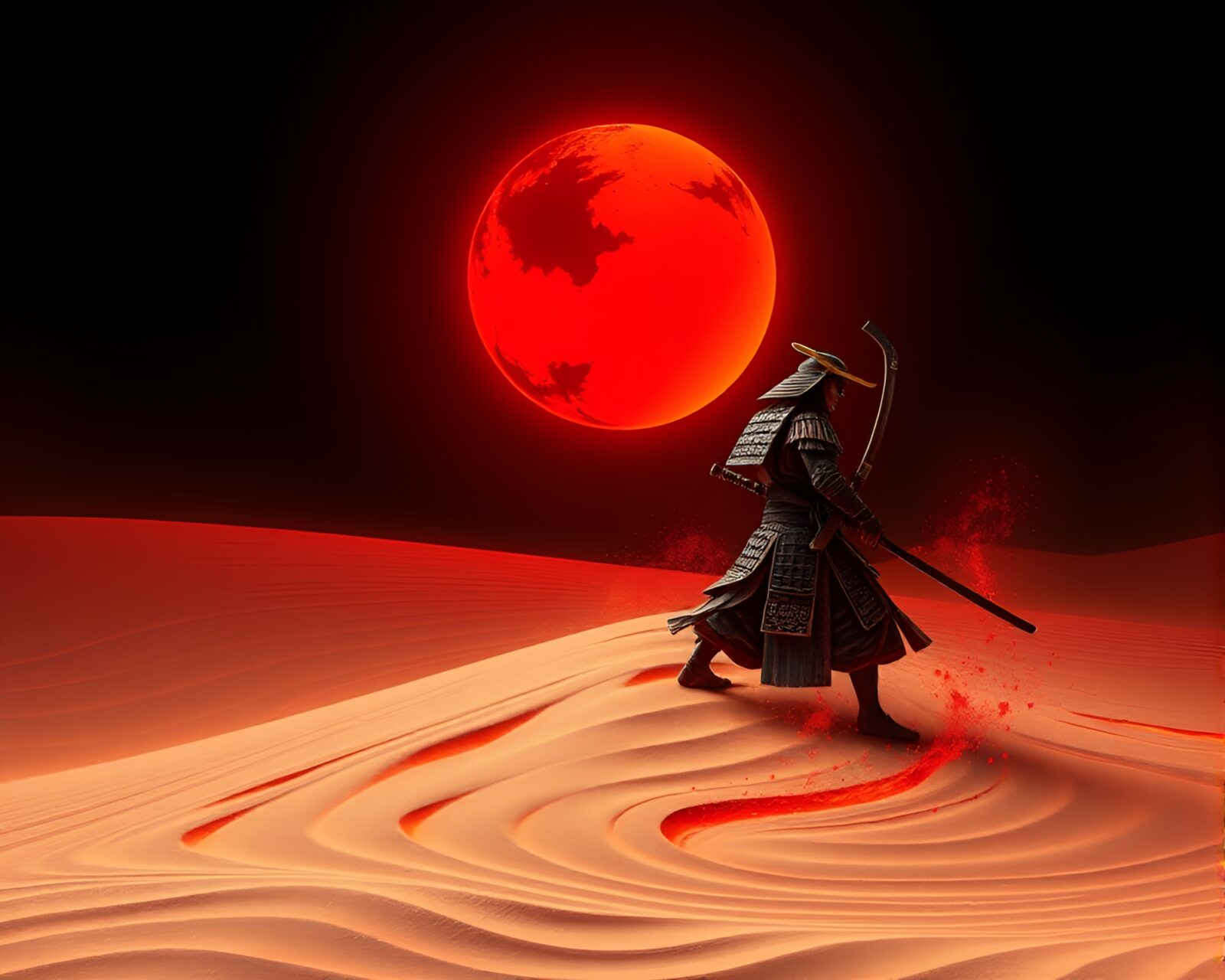 Real-time ray traced image of a fierce warrior surrounded by fiery sands
