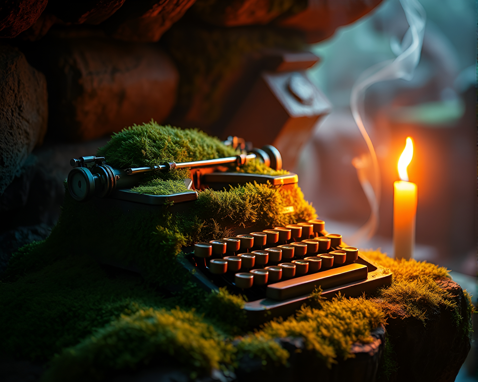 Enchanted Moss on Vintage Typewriter in Voxel Art – free AI stock image