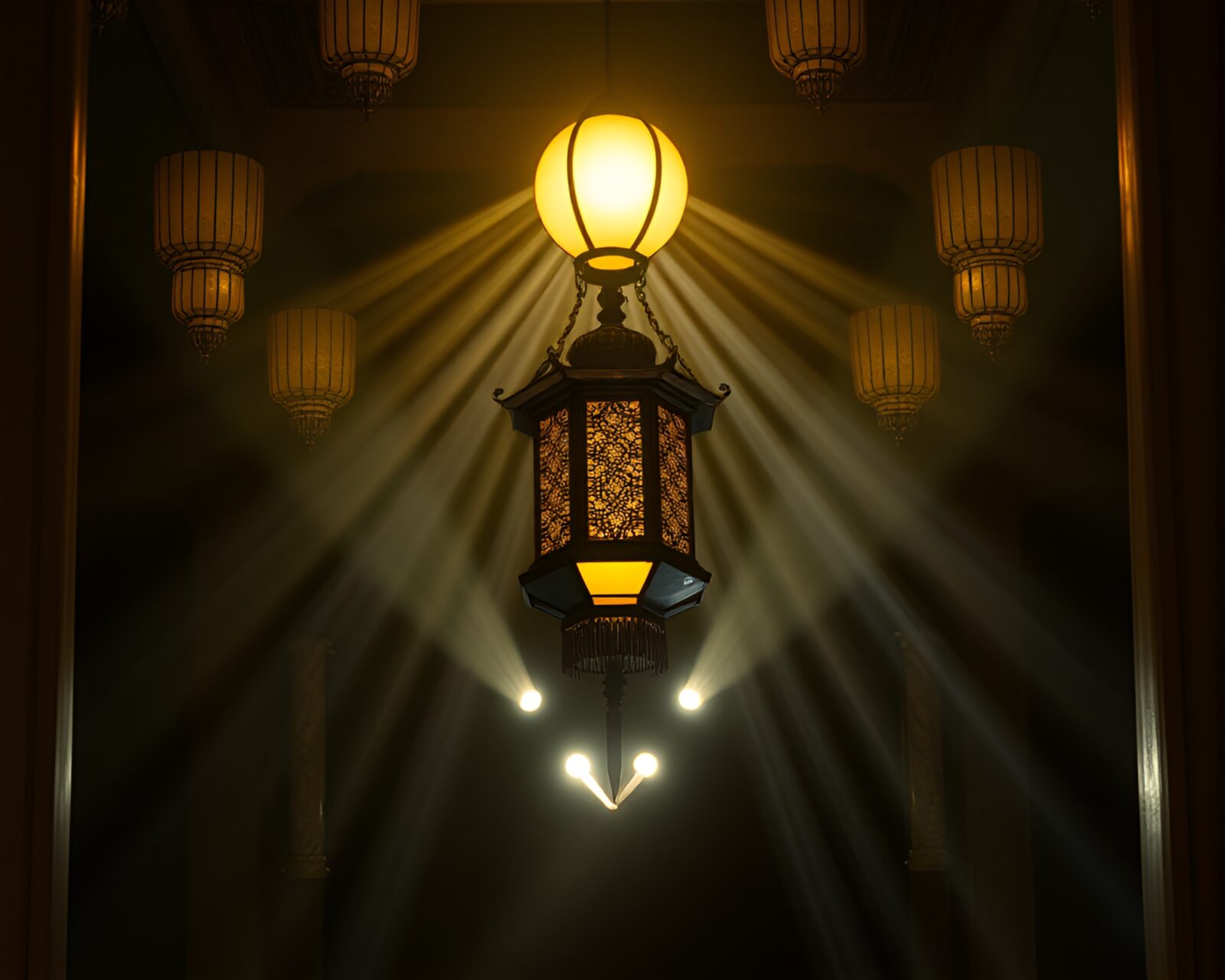 Bright lantern reflecting on water under divine rays