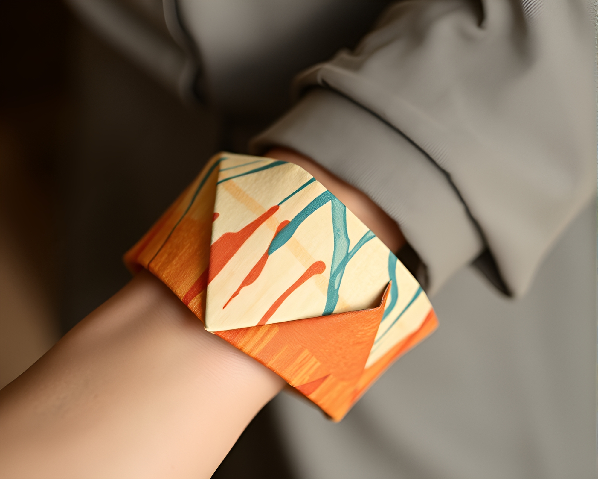Origami bracelet in sandy desert with dripping paint – free AI stock image
