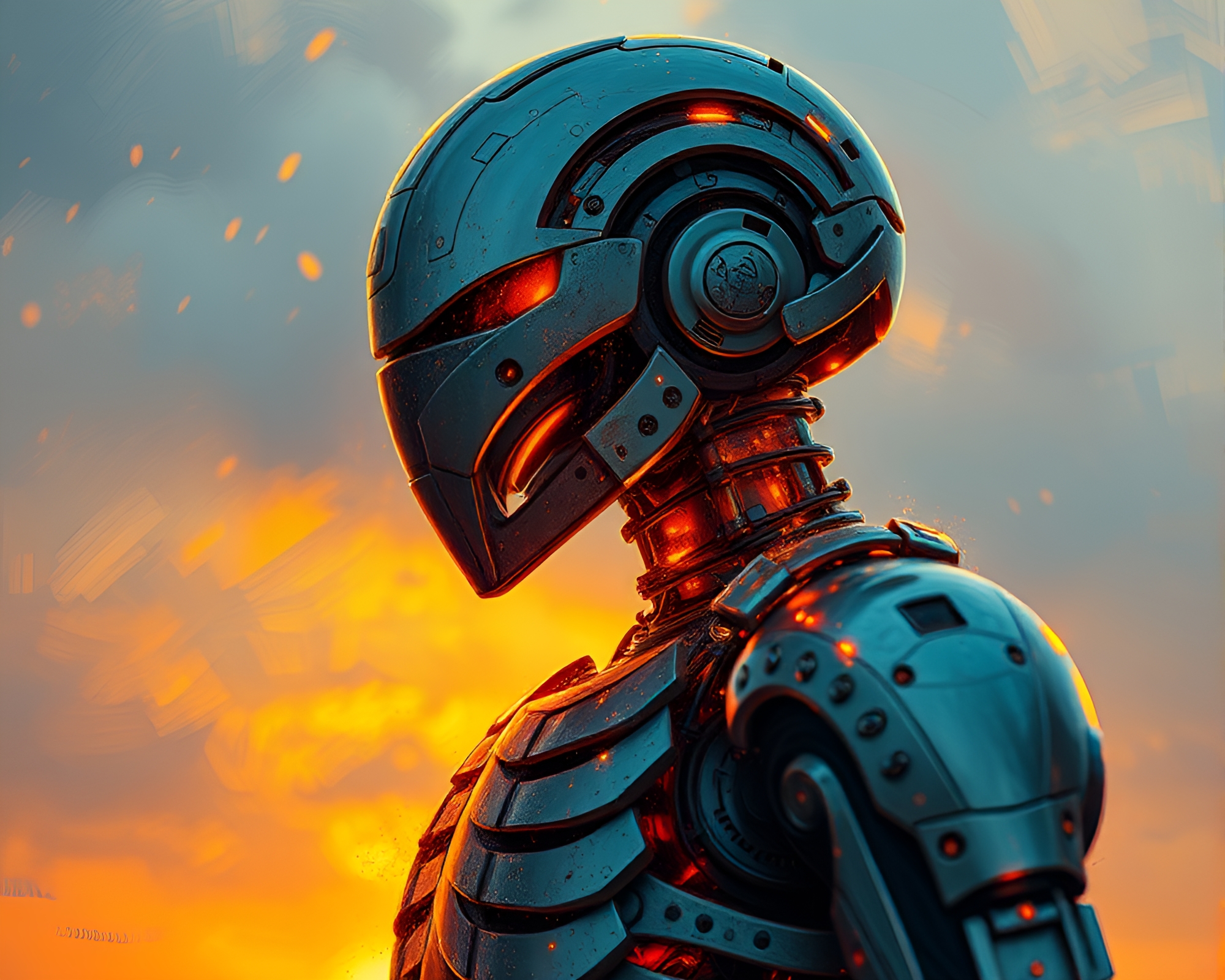 Mechanical Exoskeleton Suit in Expressionist Golden Hour Glow – free AI stock image