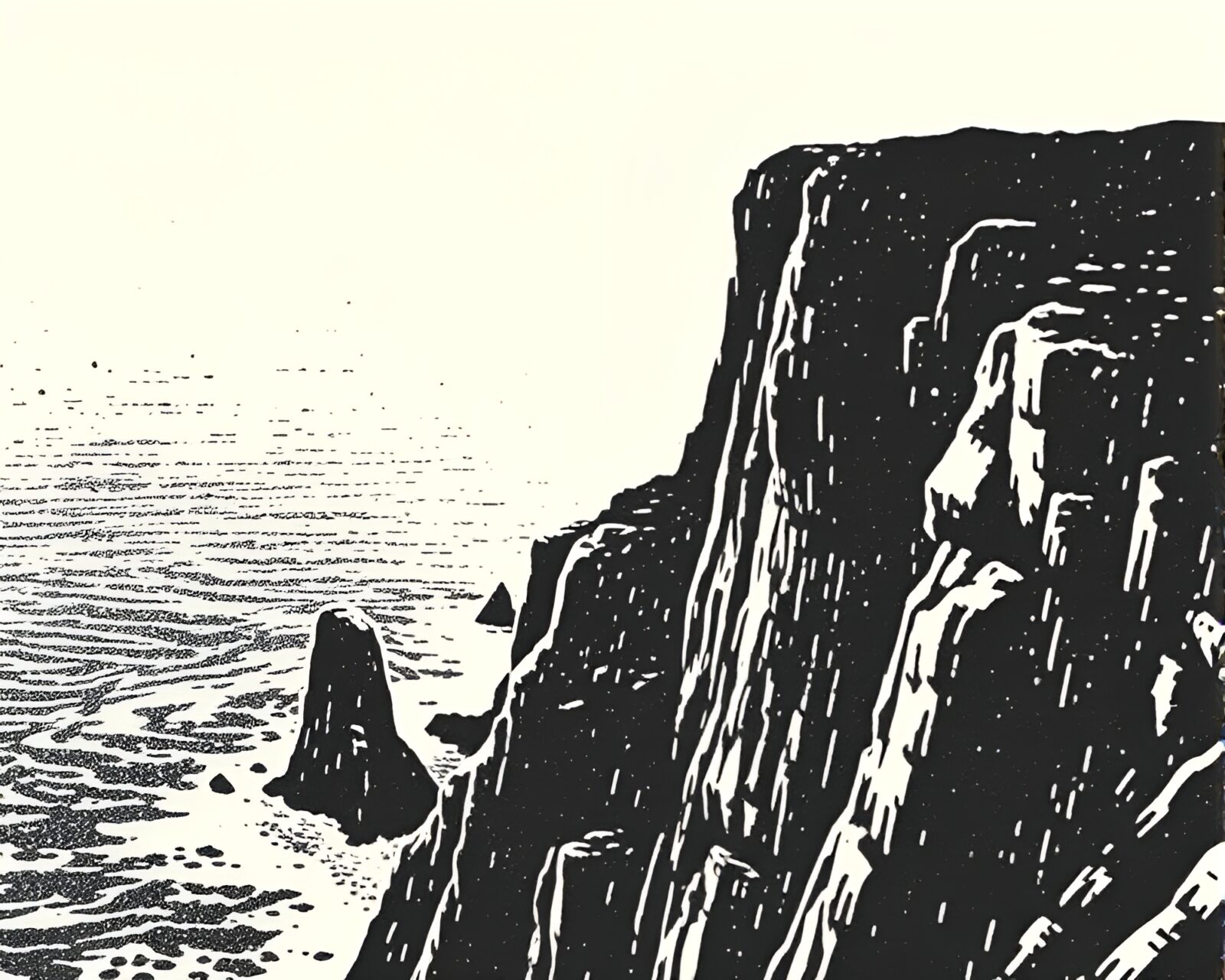 Detailed linocut cliff design in ASCII art under bright sunlight