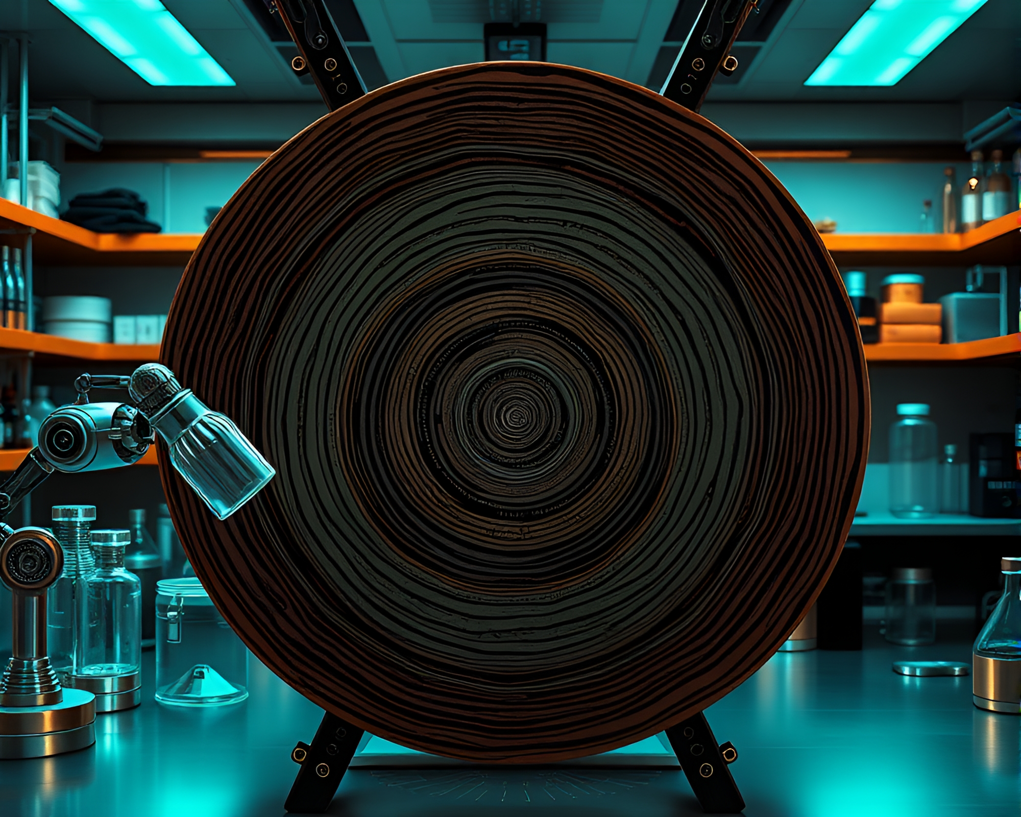Cubist Robot in Copper Tones Surrounded by Tree Rings – free AI stock image