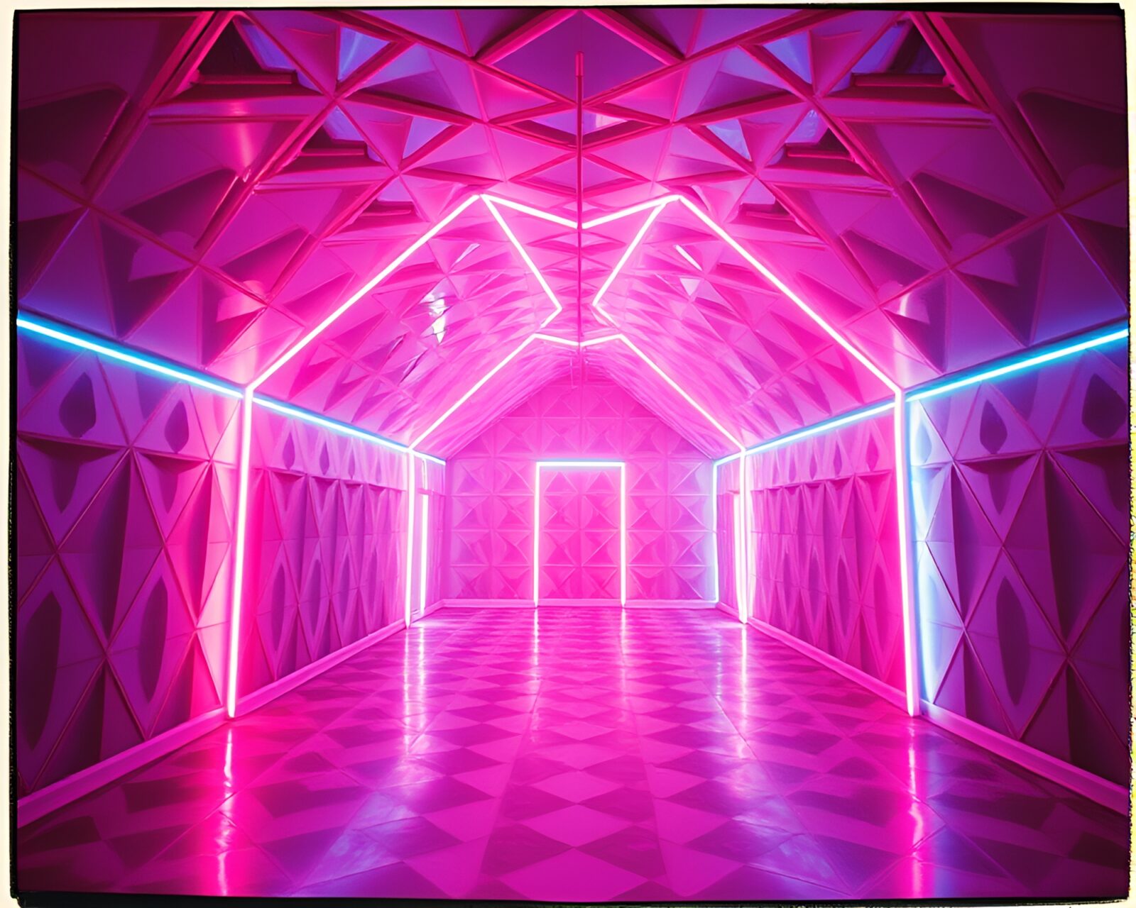 A mesmerizing neon-lit room with intricate geometric designs.