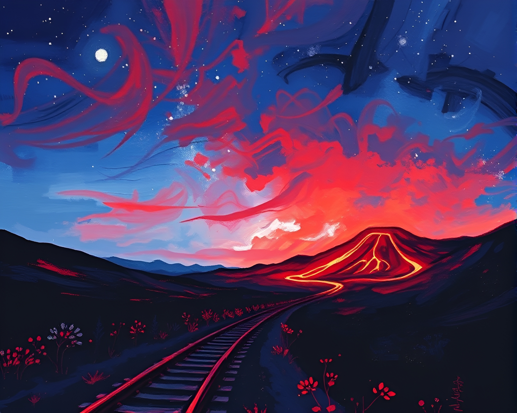 Train Light Trails in Volcano Red Glow – free AI stock image