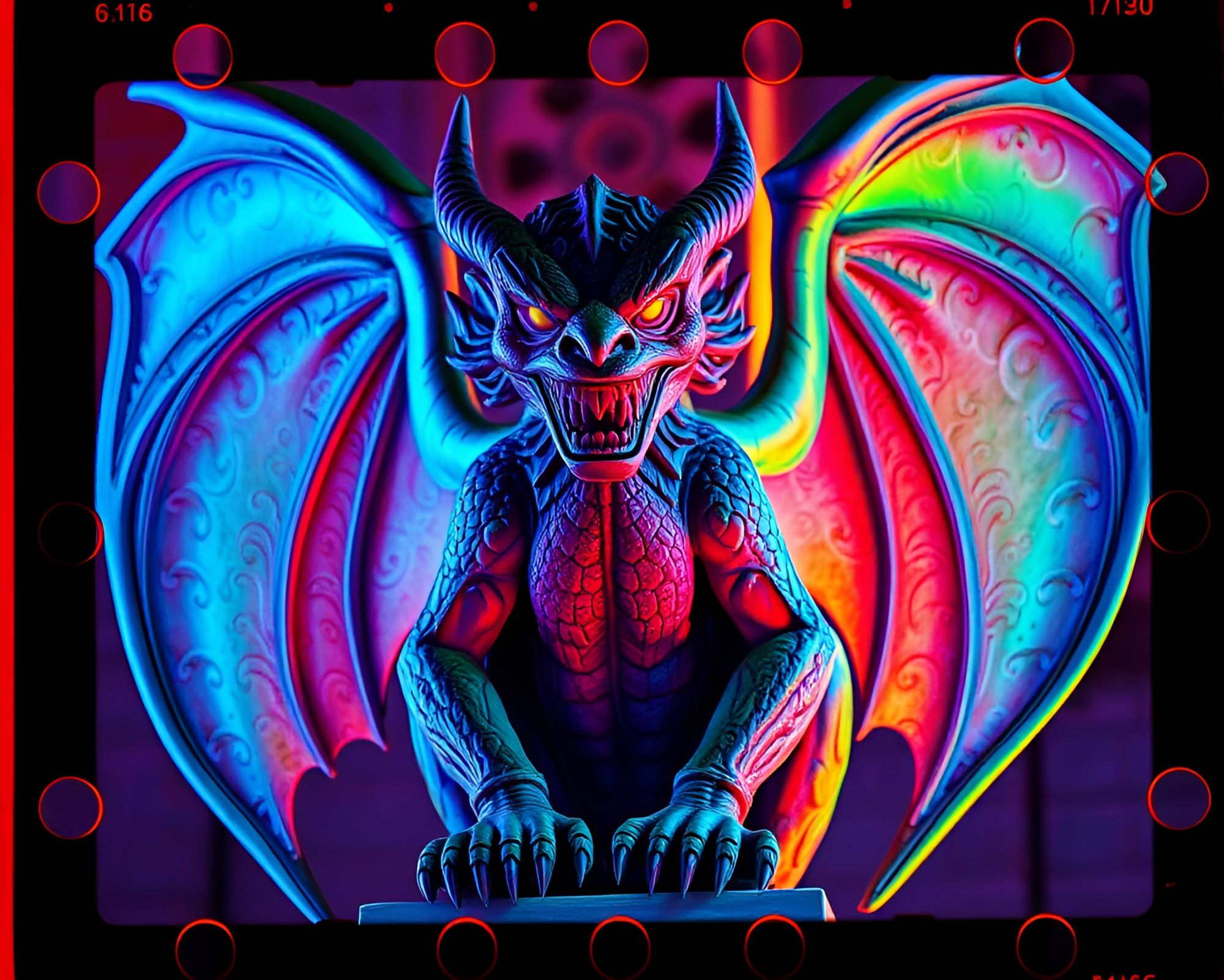Neon Gargoyle Statue with Film Sprocket Holes – free AI stock image