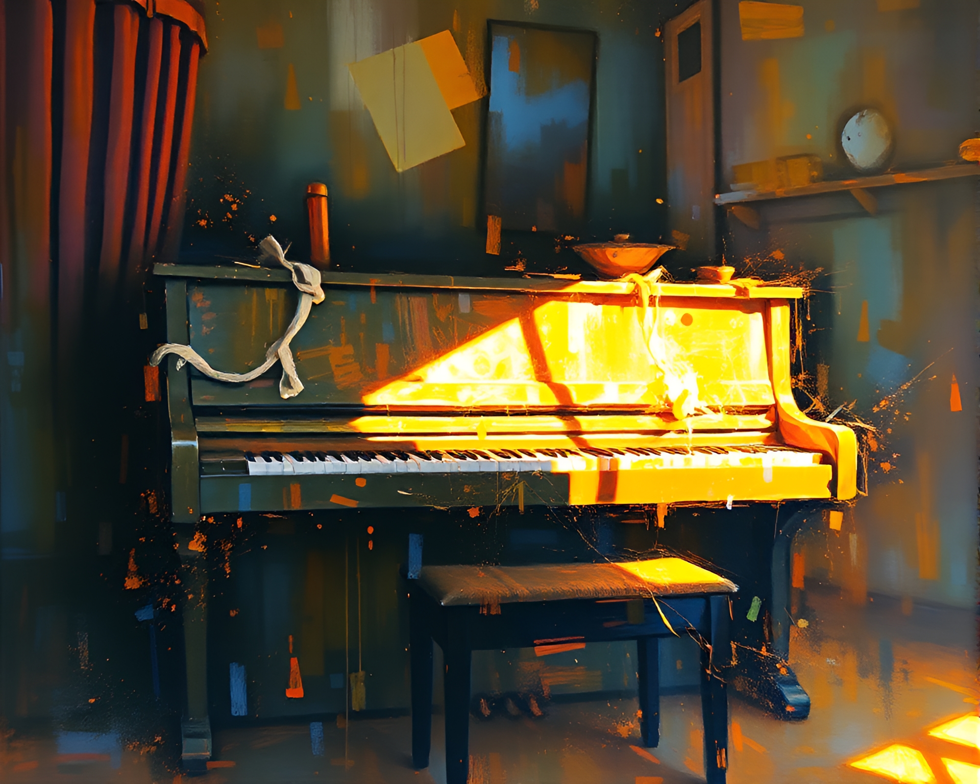 Gouache painting of piano under dreamy light leaks – free AI stock image