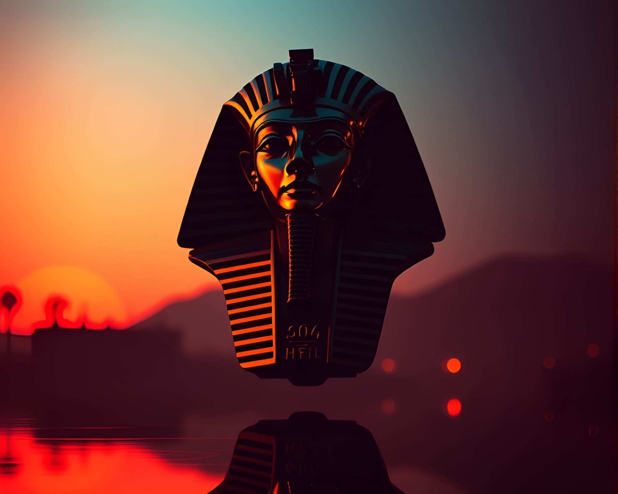 Ancient Pharaoh’s Mask Reflection Silhouette in Retrowave Style – free AI stock image
