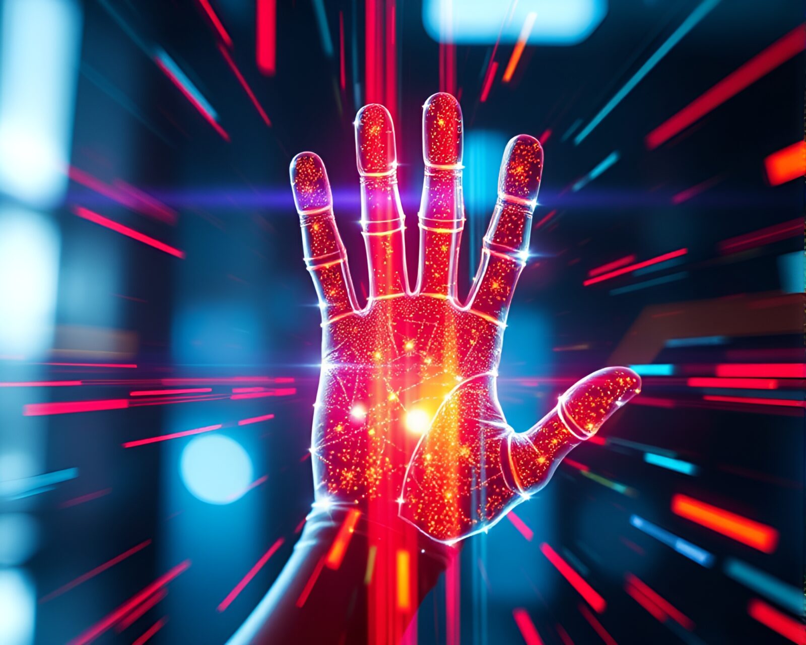 Futuristic cybernetic hand reaching out in glitchy motion