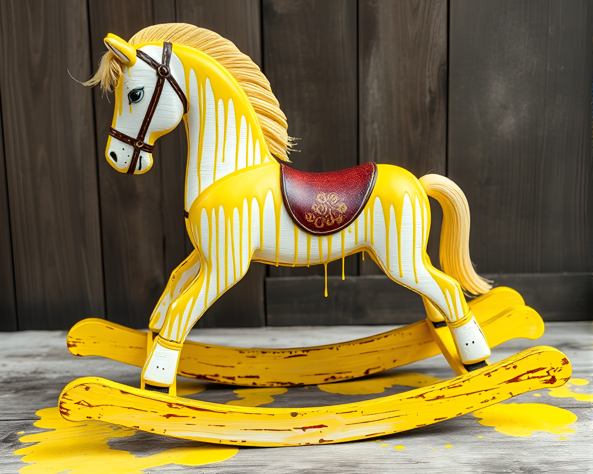 Wooden Rocking Horse in Lemon Dripped Paint – free AI stock image