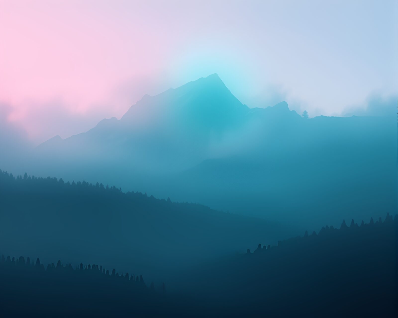 8-bit mist-shrouded mountain outlined in glowing teal wireframe