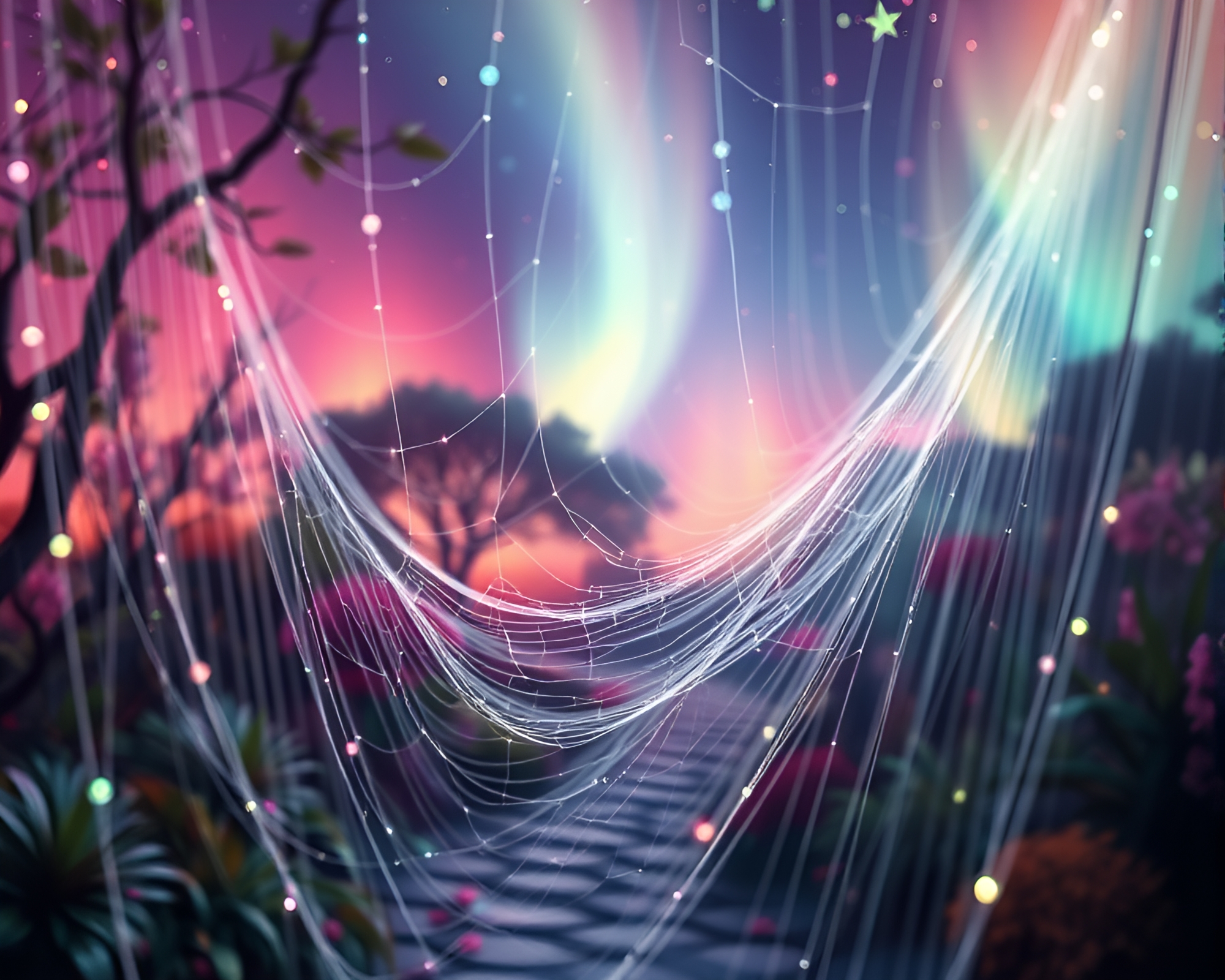 Zen Garden Glitch: Cobweb Strands in Aurora Hues – free AI stock image