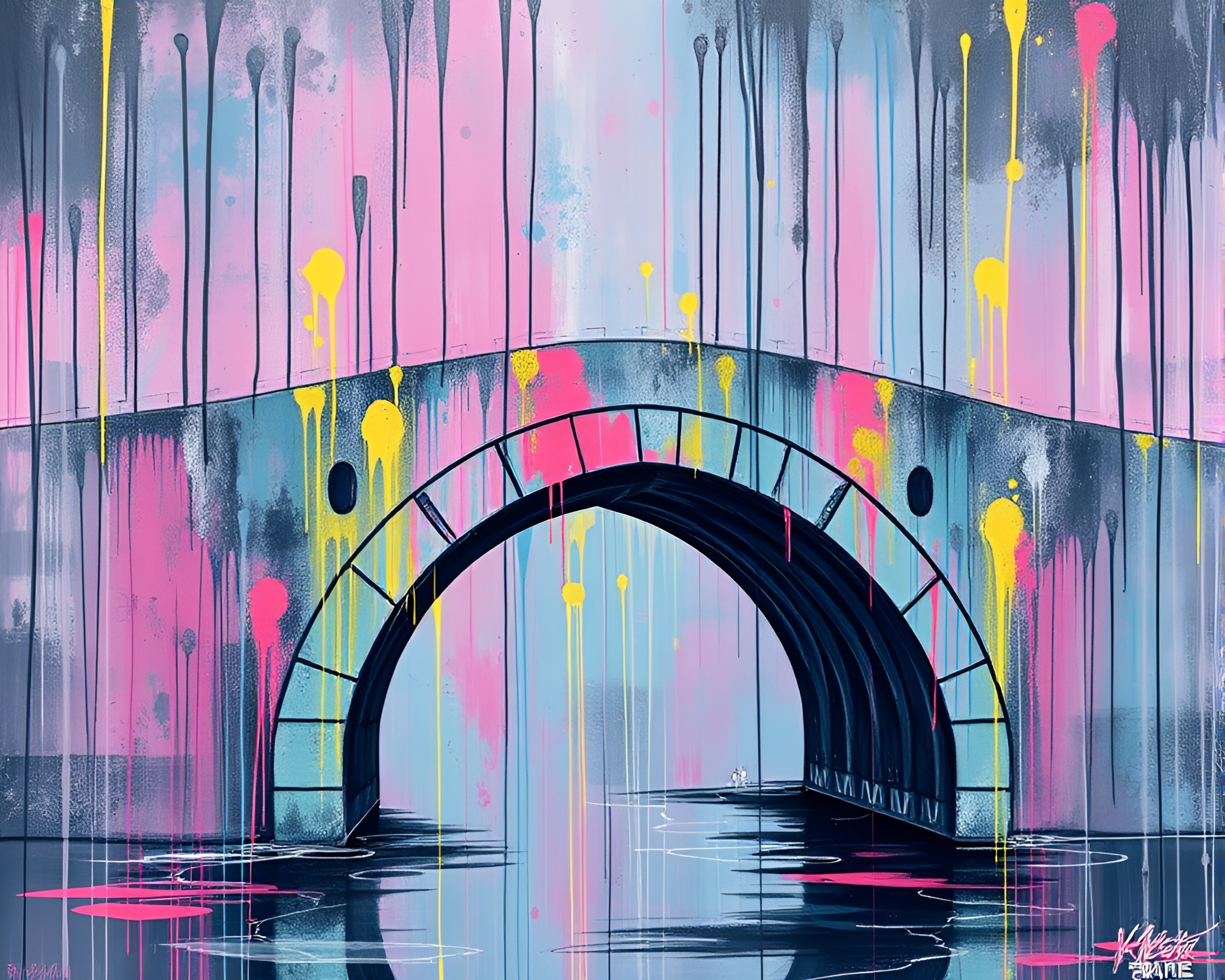 Pastel graffiti arch bridge with cybernetic textures – free AI stock image