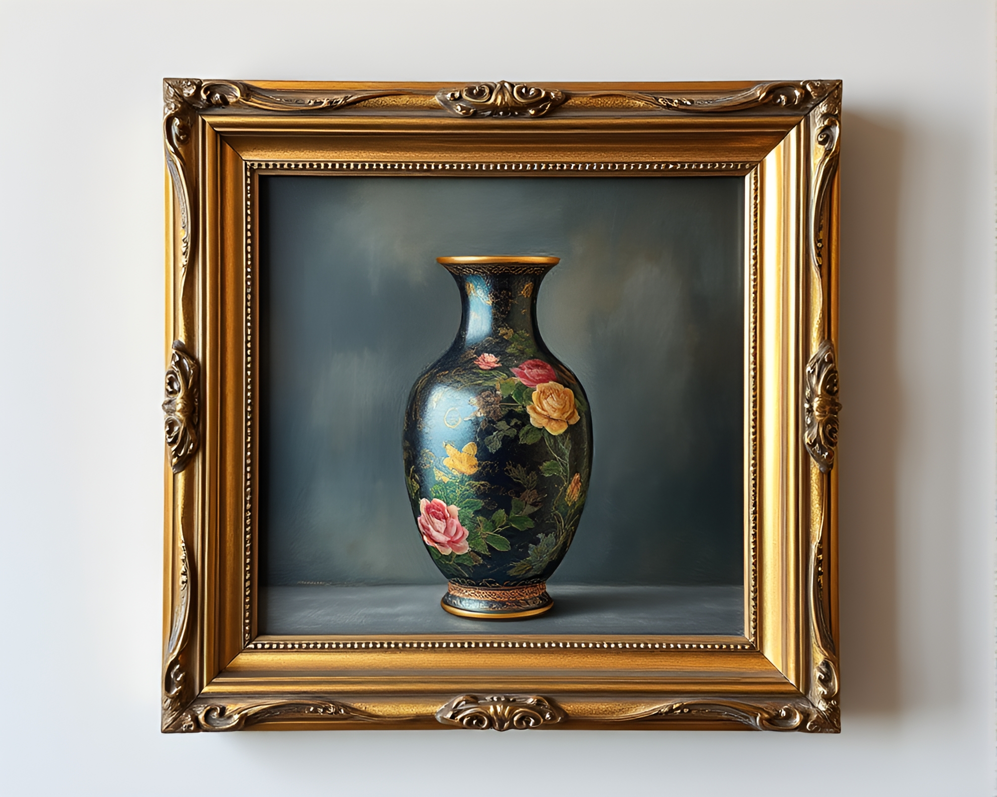 Impressionist Cloisonné Vase: Metallic Sheen Framed Painting – free AI stock image