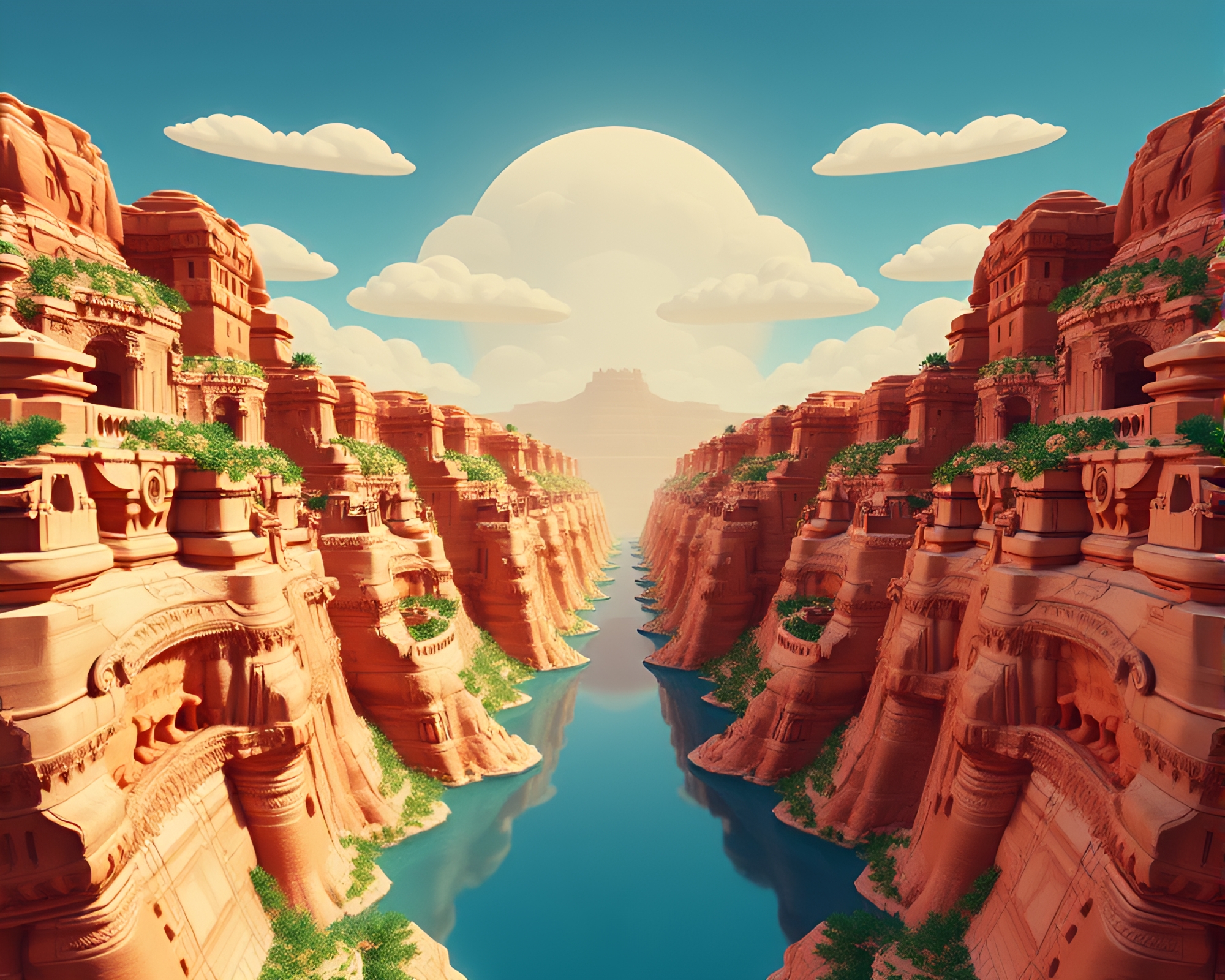 Symmetrical Canyon Sunrise: Stop-motion Animation Still – free AI stock image