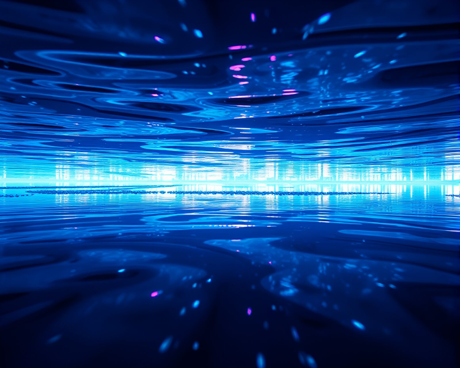 Surreal glitch art scene with a submersible glowing in a dark puddle reflection
