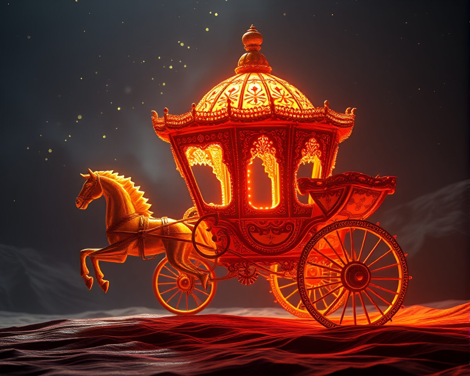 80s VHS style artwork of glowing chariot with intricate engravings