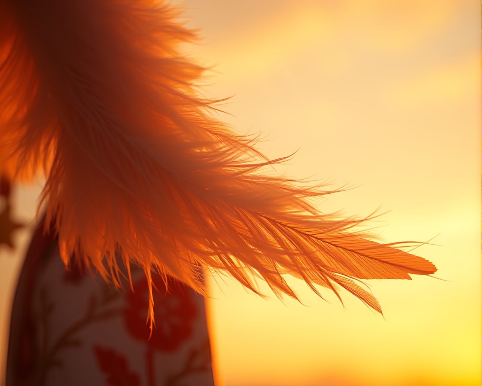 Soft feathers caress a silk-clad figure in warm, sunset light