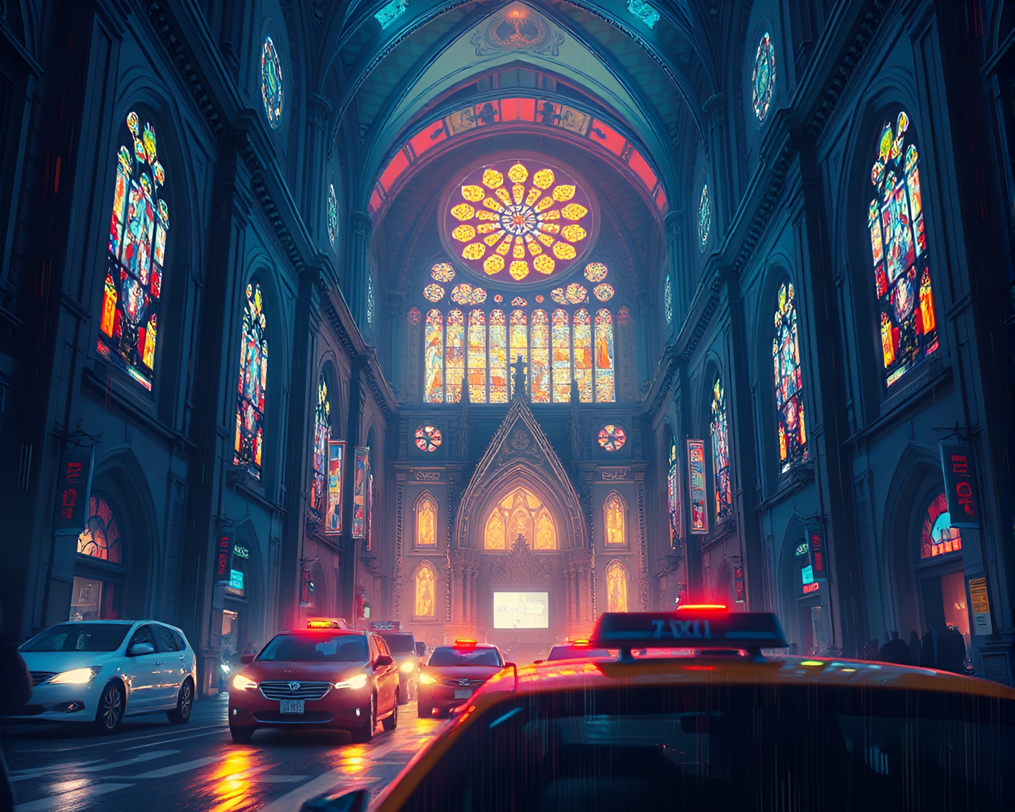 Futuristic Hover Taxi in Stained Cathedral Light – free AI stock image