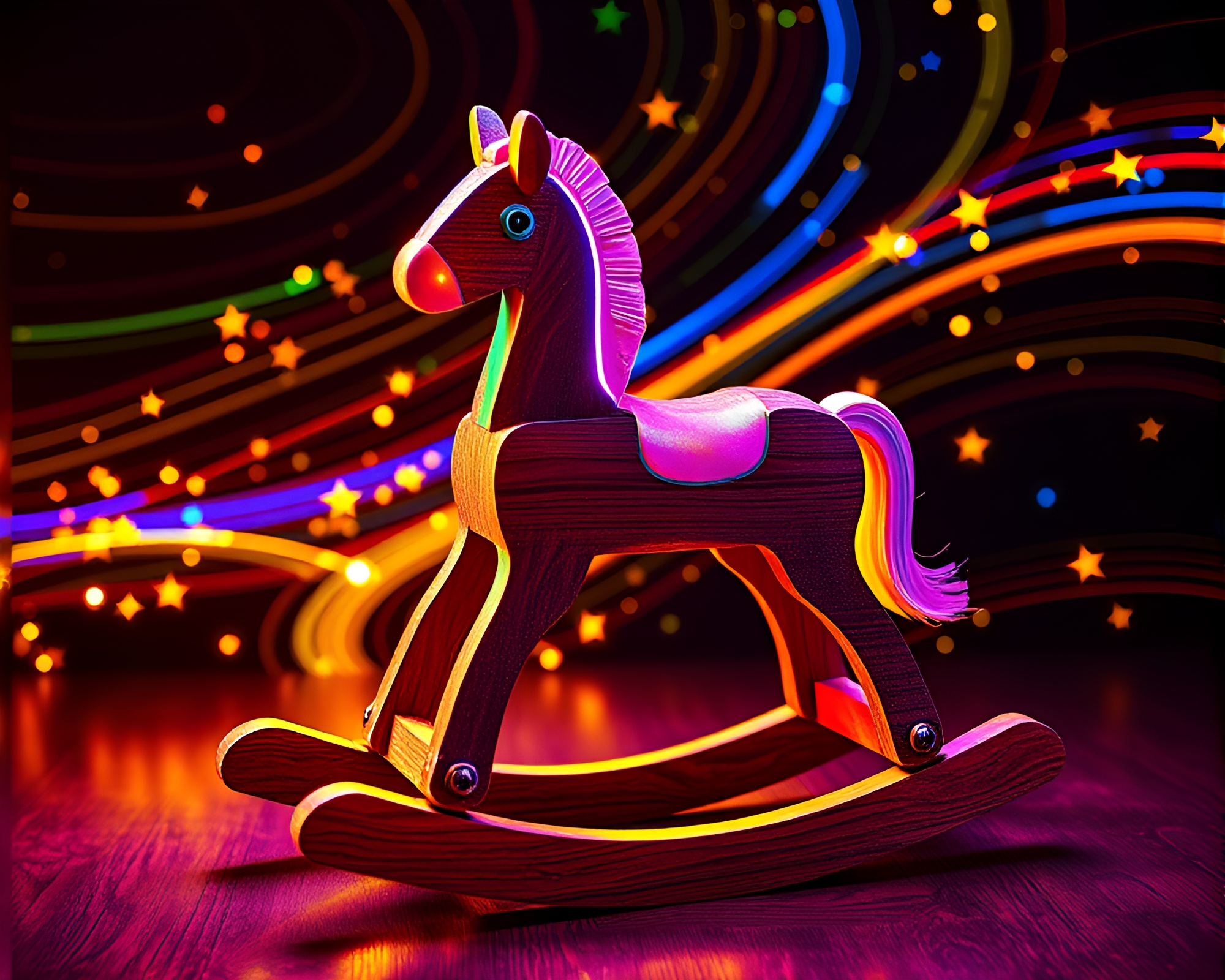Vibrant Neon Star Trails on Holographic Rocking Horse – free AI stock image