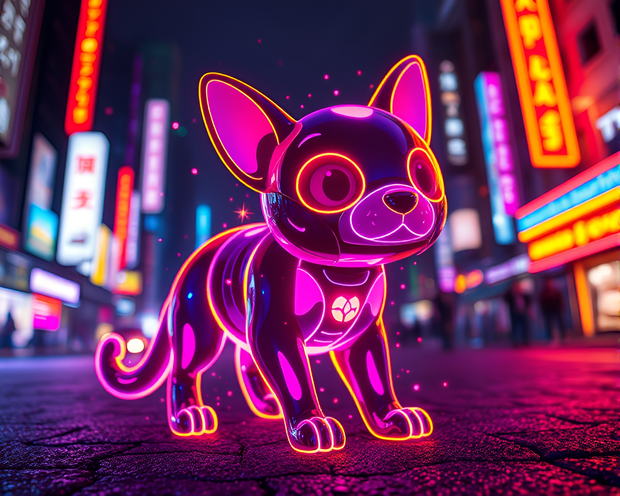Holographic Pet Dancing in Neon City Zoom Burst – free AI stock image
