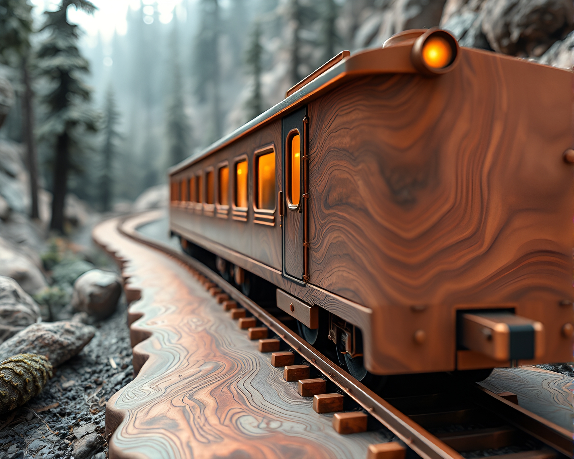 Magnetic Levitation Train on Rose Gold Wood Grains – free AI stock image
