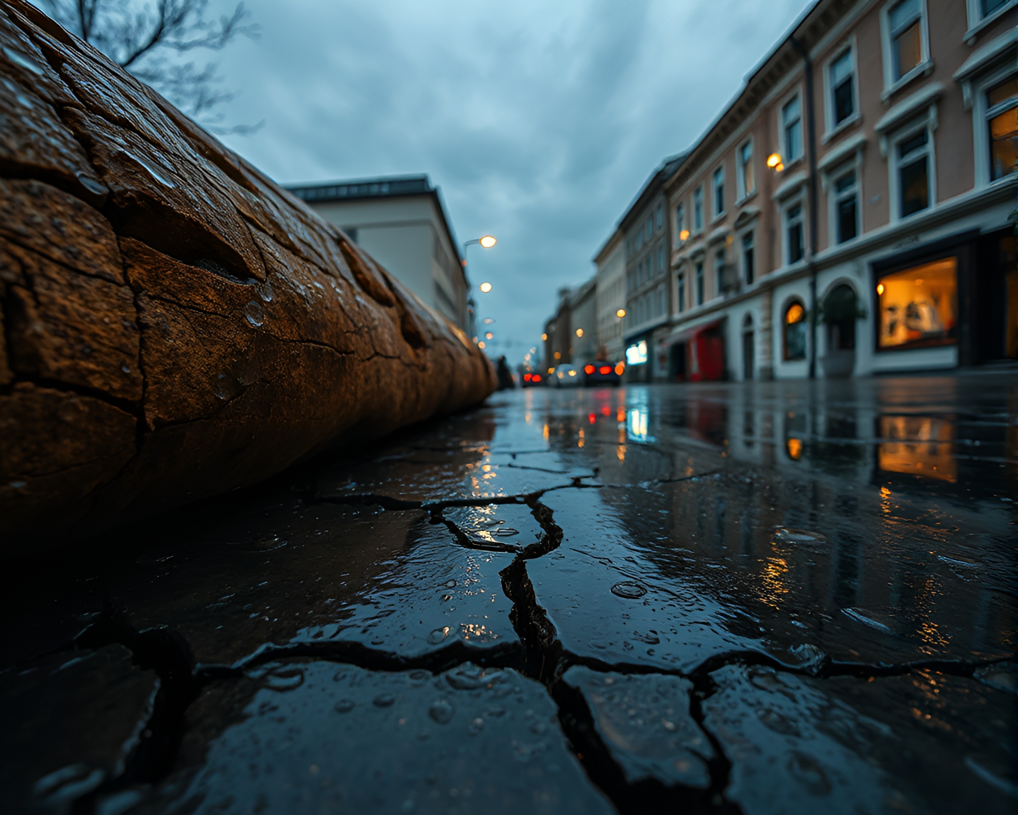 Cracked Earth meets Baguette in Rainy Reflections – free AI stock image