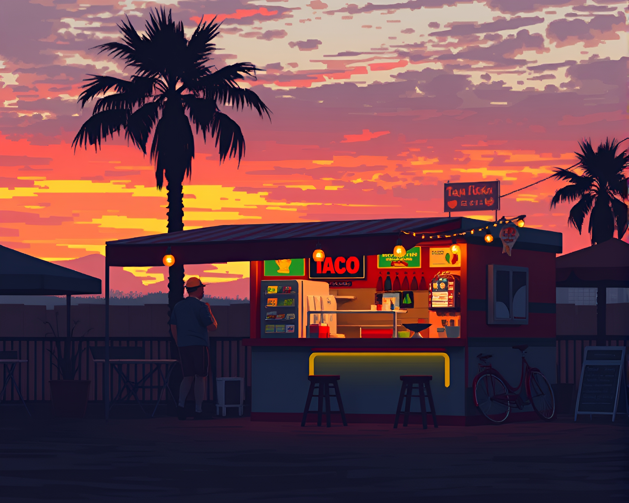 Pixelated Taco Stand at Sunset – free AI stock image