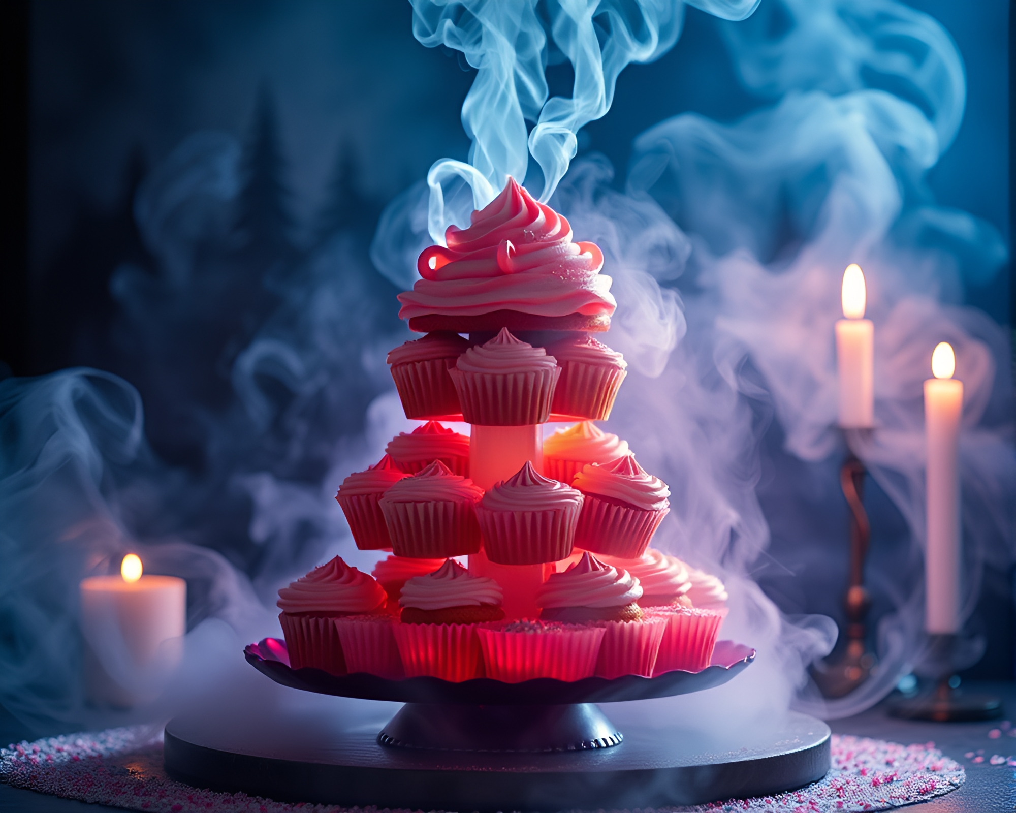 Candlelit Cupcake Tower Surrounded by Cosmic Steam – free AI stock image