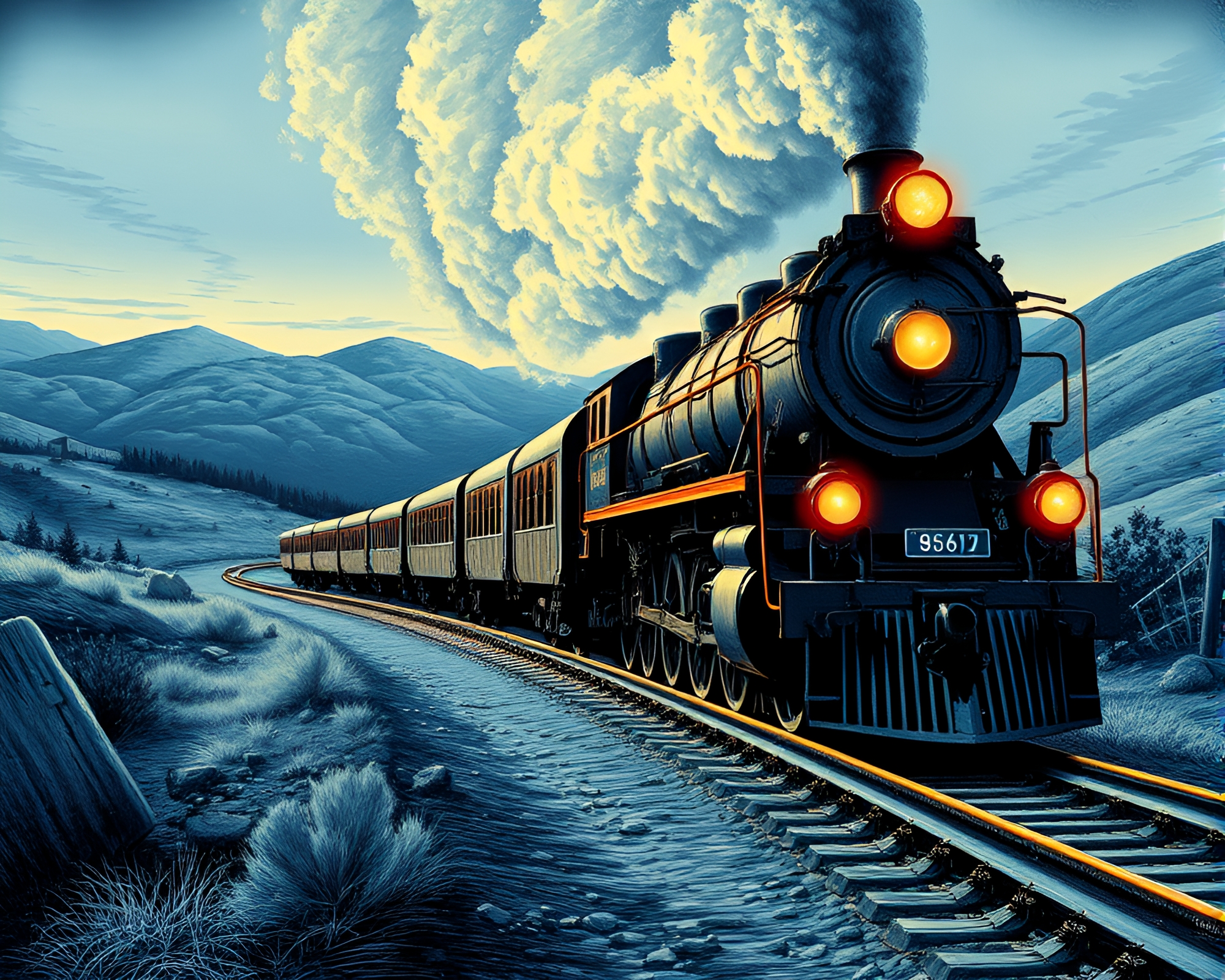 Steam locomotive trail under topaz sky – free AI stock image