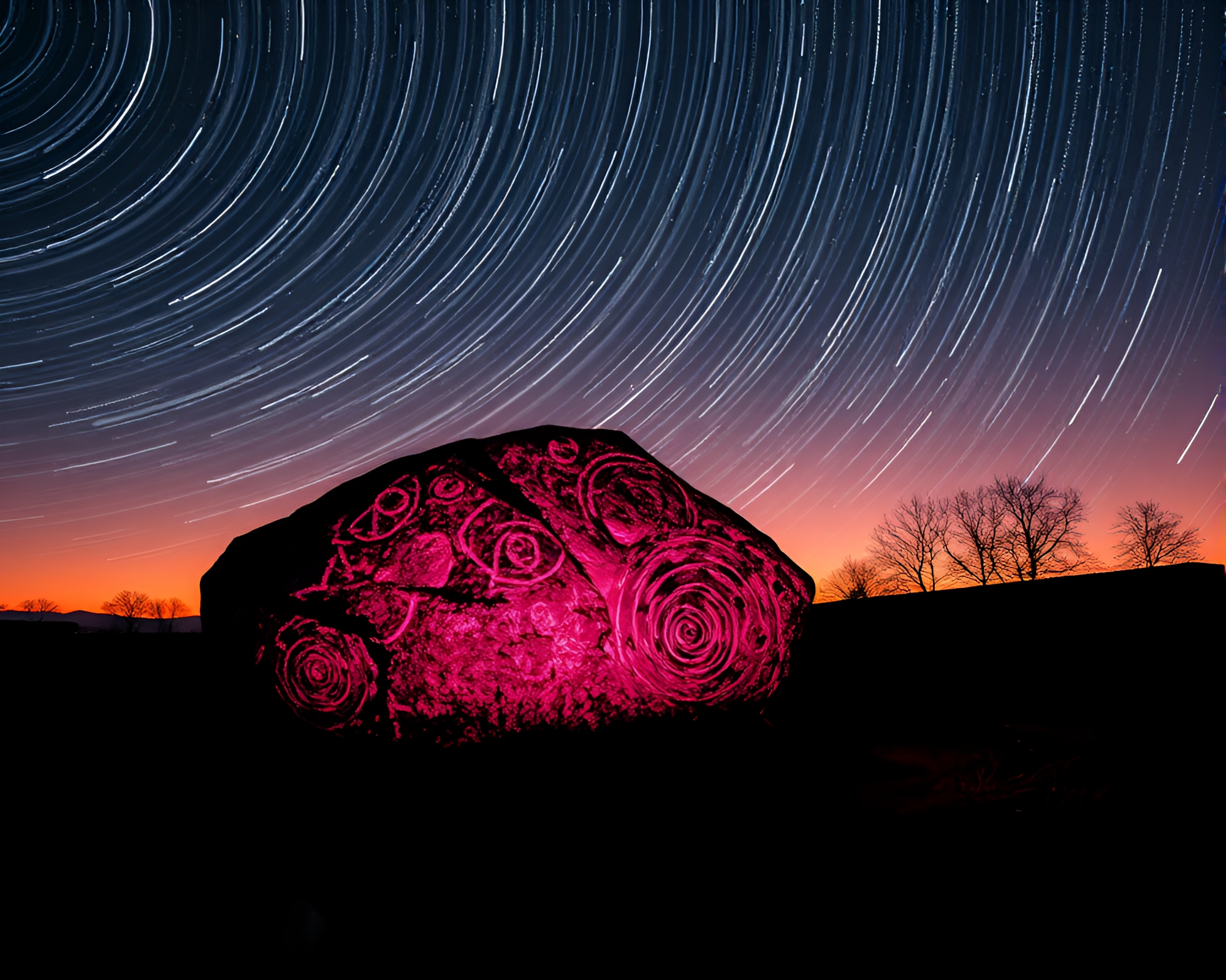 Glowing Rune Stone in Sunrise Star Trail Landscape – free AI stock image