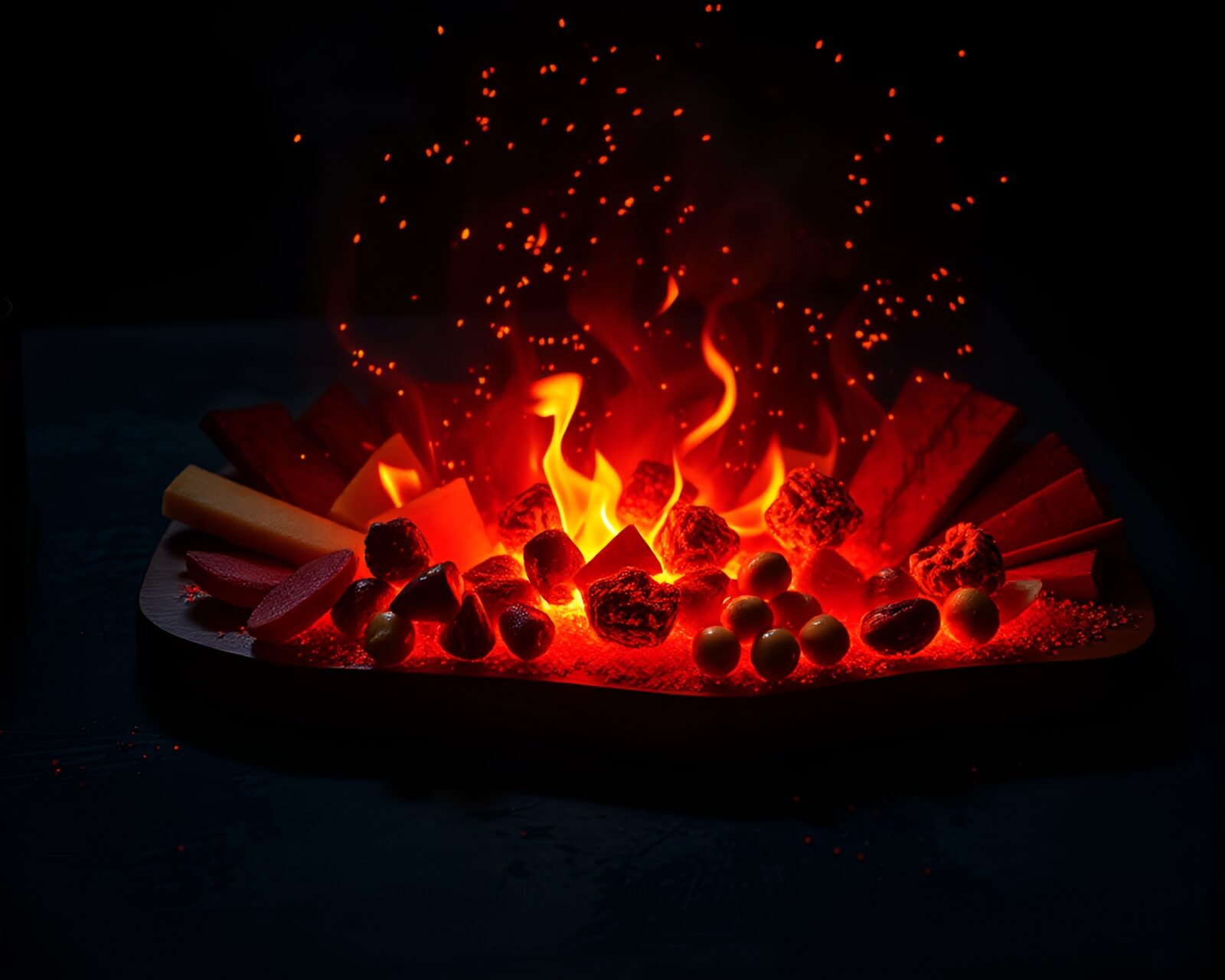 Dark dystopian scene with vibrant embers and charcuterie spread