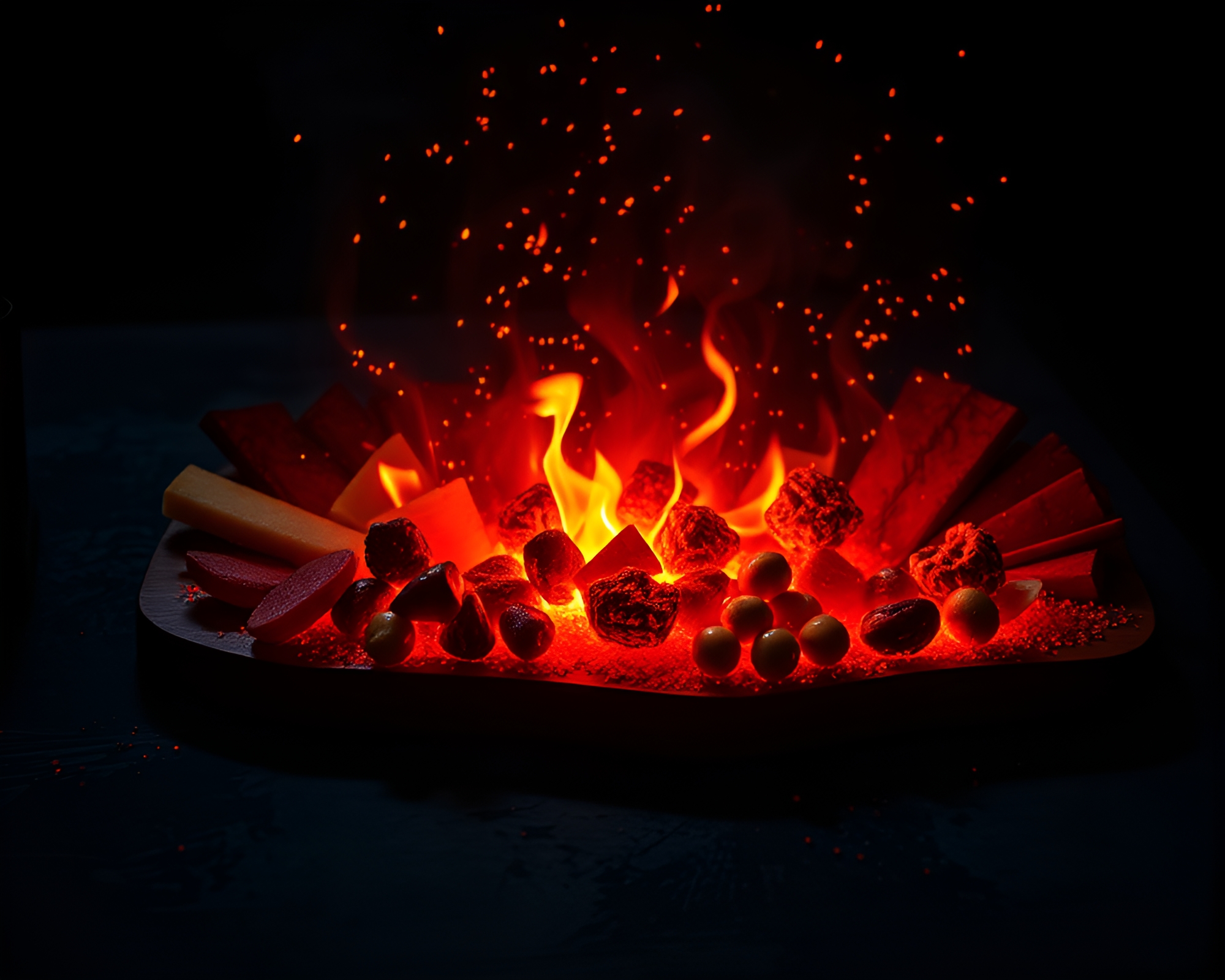 Dystopian Charcuterie Board with Floating Embers – free AI stock image