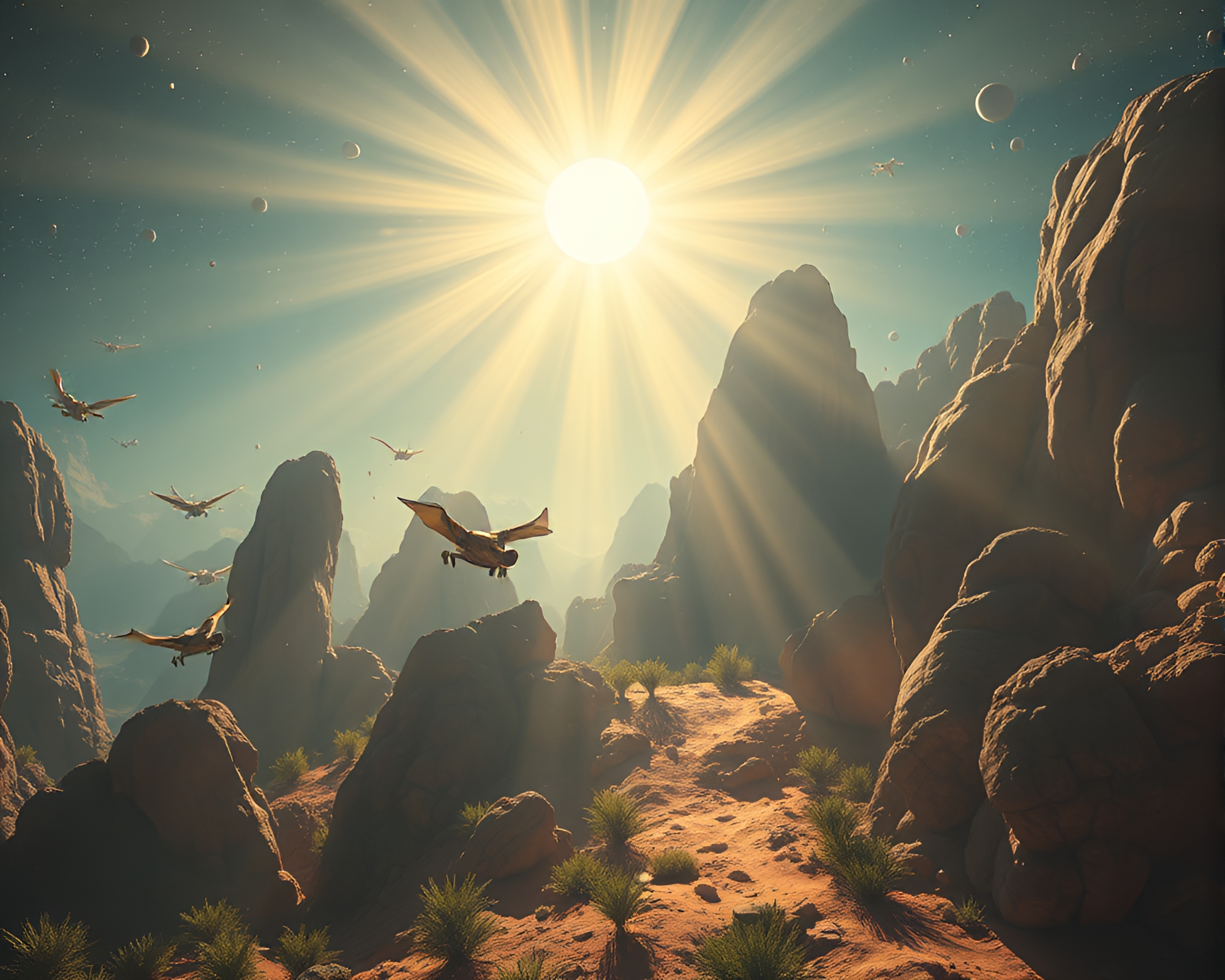 Colorful Dystopian Space Habitat with Sunbeam Rays – free AI stock image