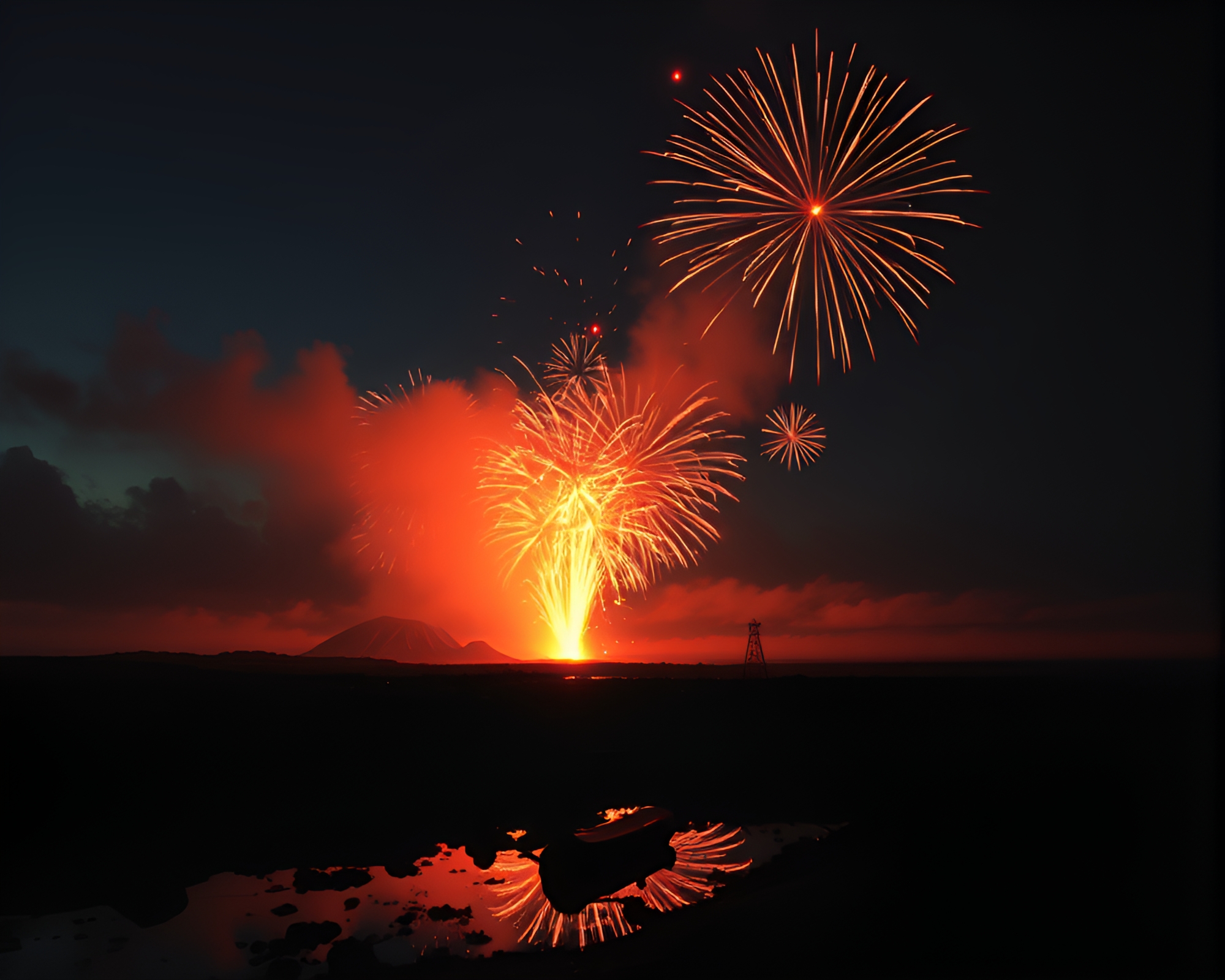 Eerie Haunted Mirror Reflecting Volcanic Fireworks – free AI stock image