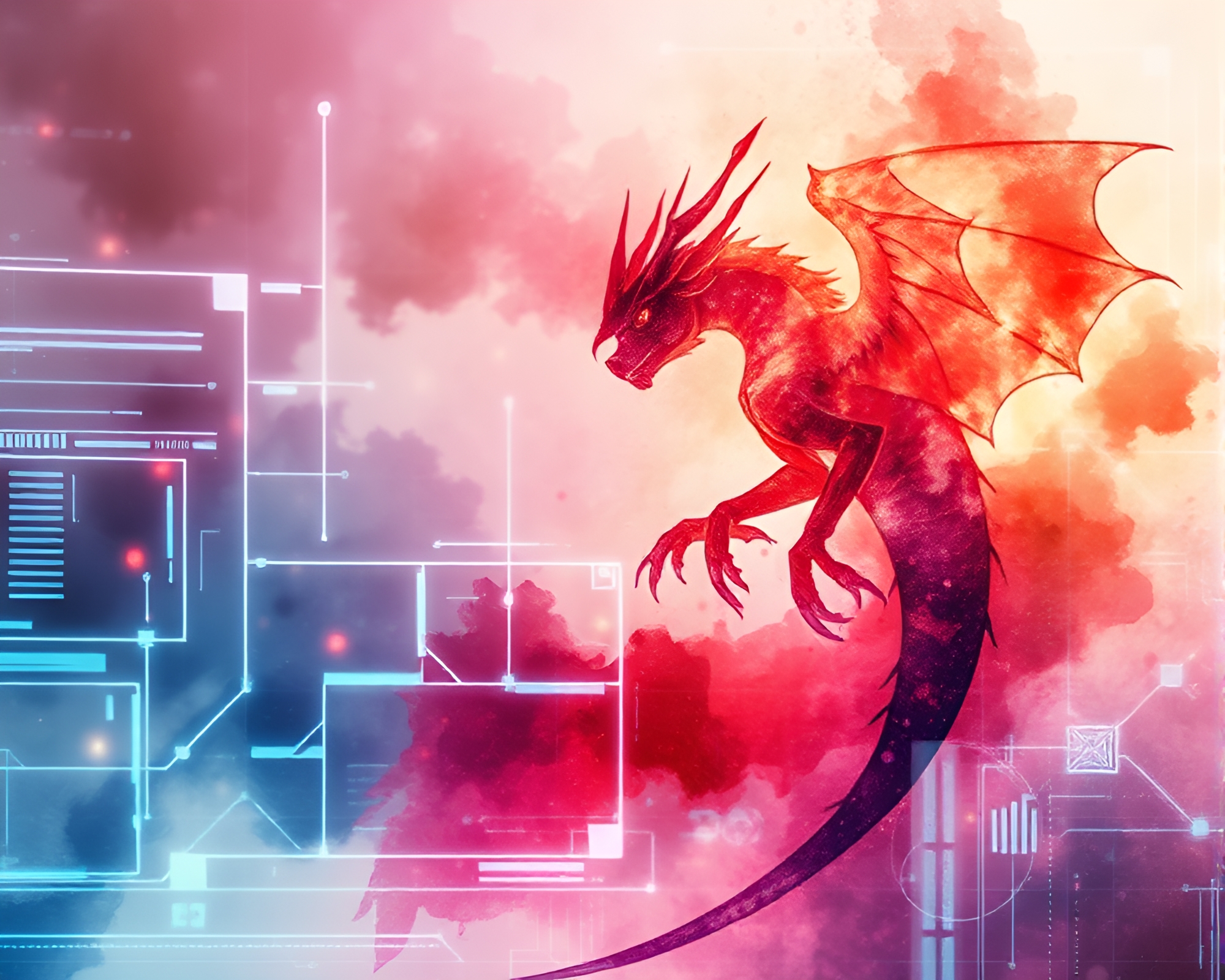 Futuristic Chimera HUD in Watercolor Wash – free AI stock image