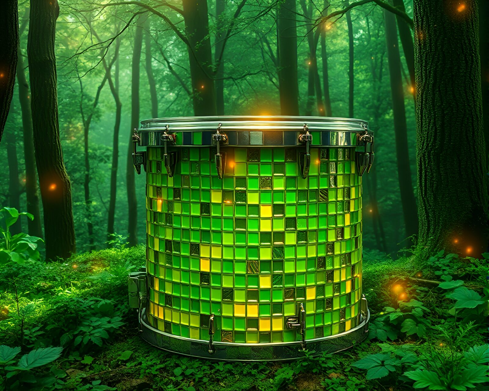 Drum shaped mosaic tiles glowing in lush green forest