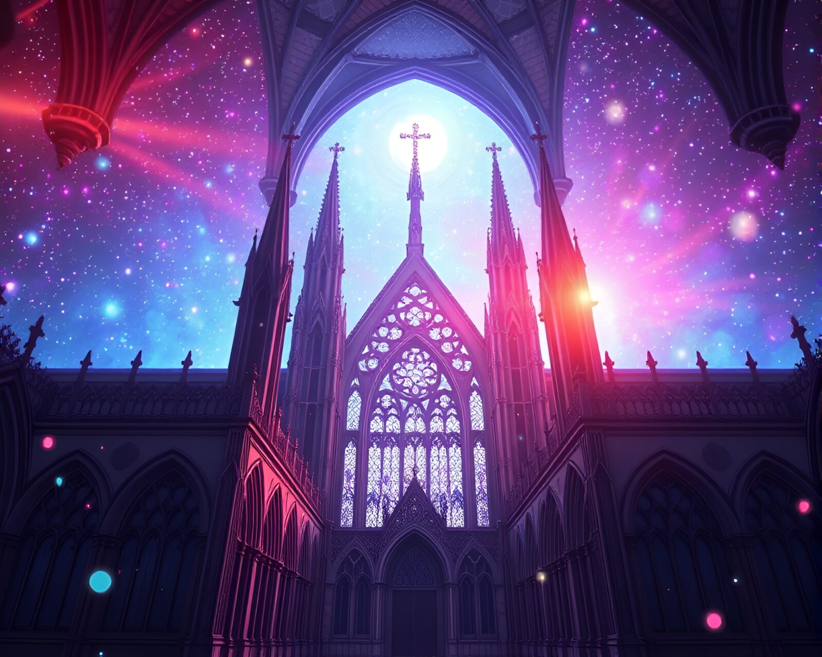 Enchanting futuristic cathedral with soap bubble rainbow colors under starlit sky