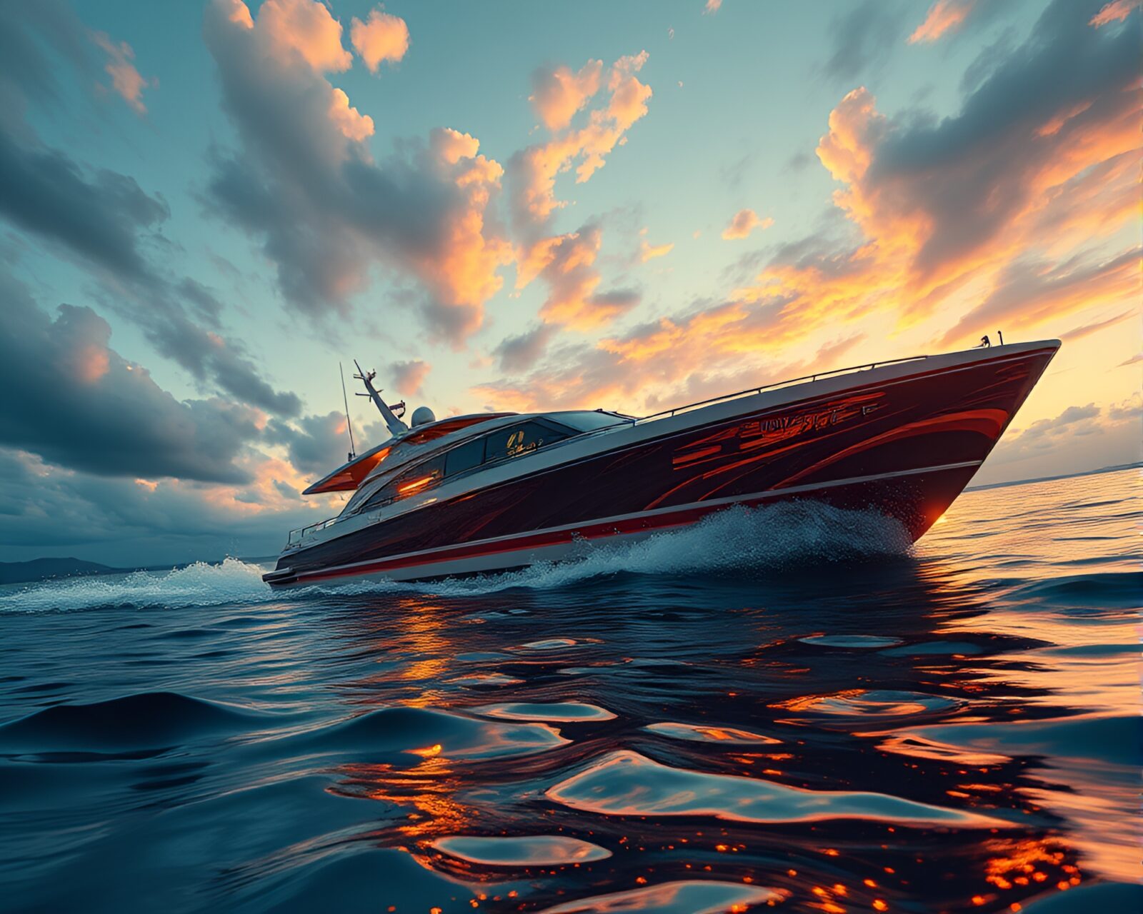 Illustration of a sleek hydrofoil boat with a bronze sheen