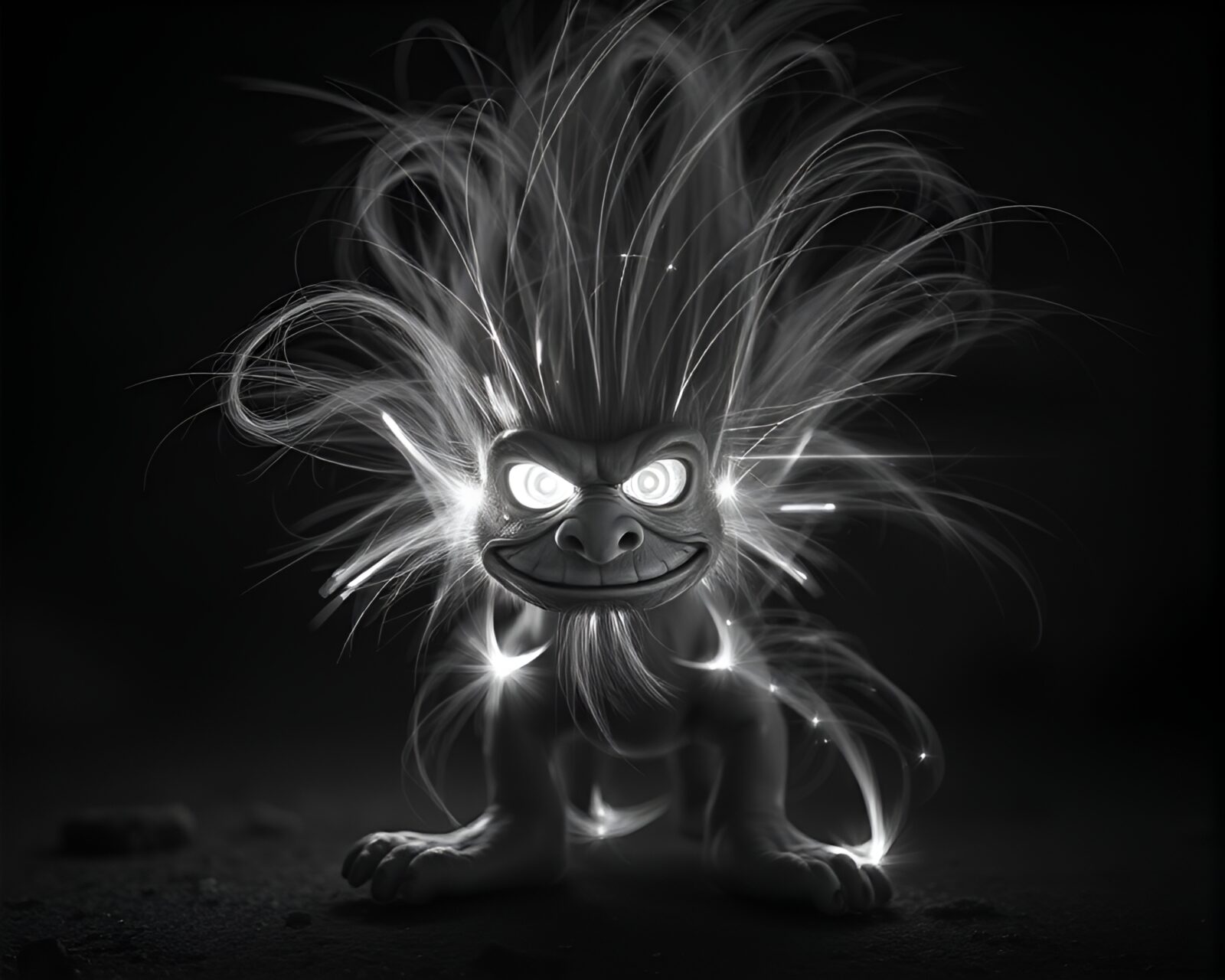 Black and white fantasy troll emerging from ethereal fireflies