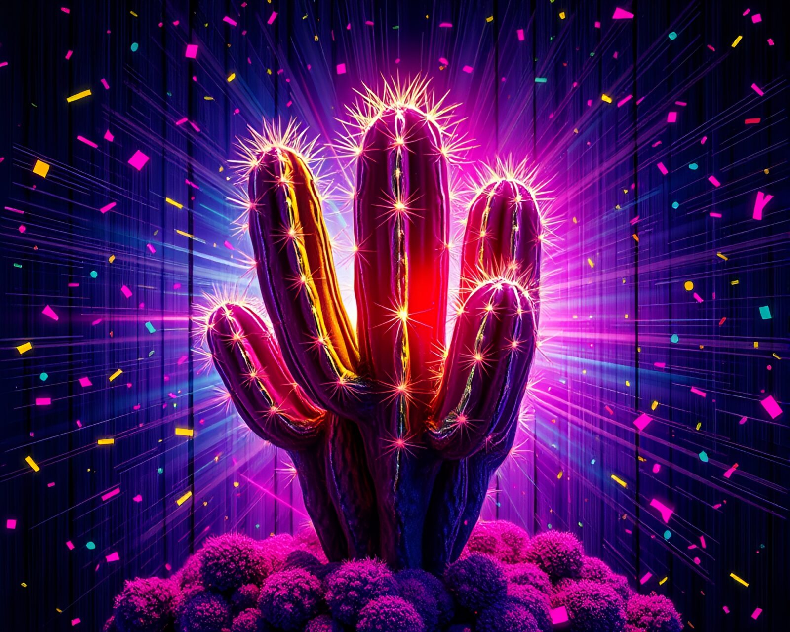 Digital art of neon cactus with confetti in wood grain