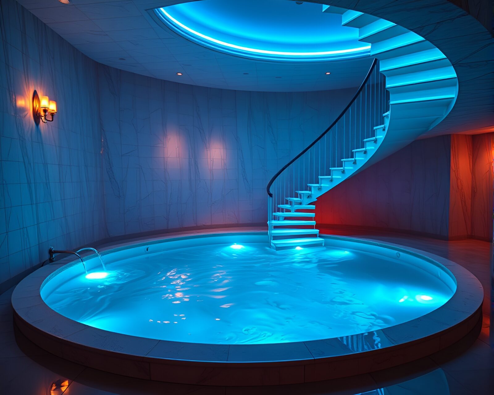 A mesmerizing water vortex with neon lights and Escher-like stairs