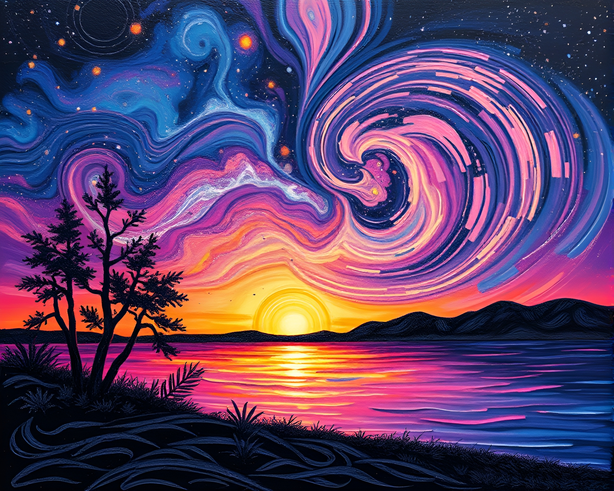 Vaporwave Sunset Palette Knife Milky Way Engraved Details – free AI stock image