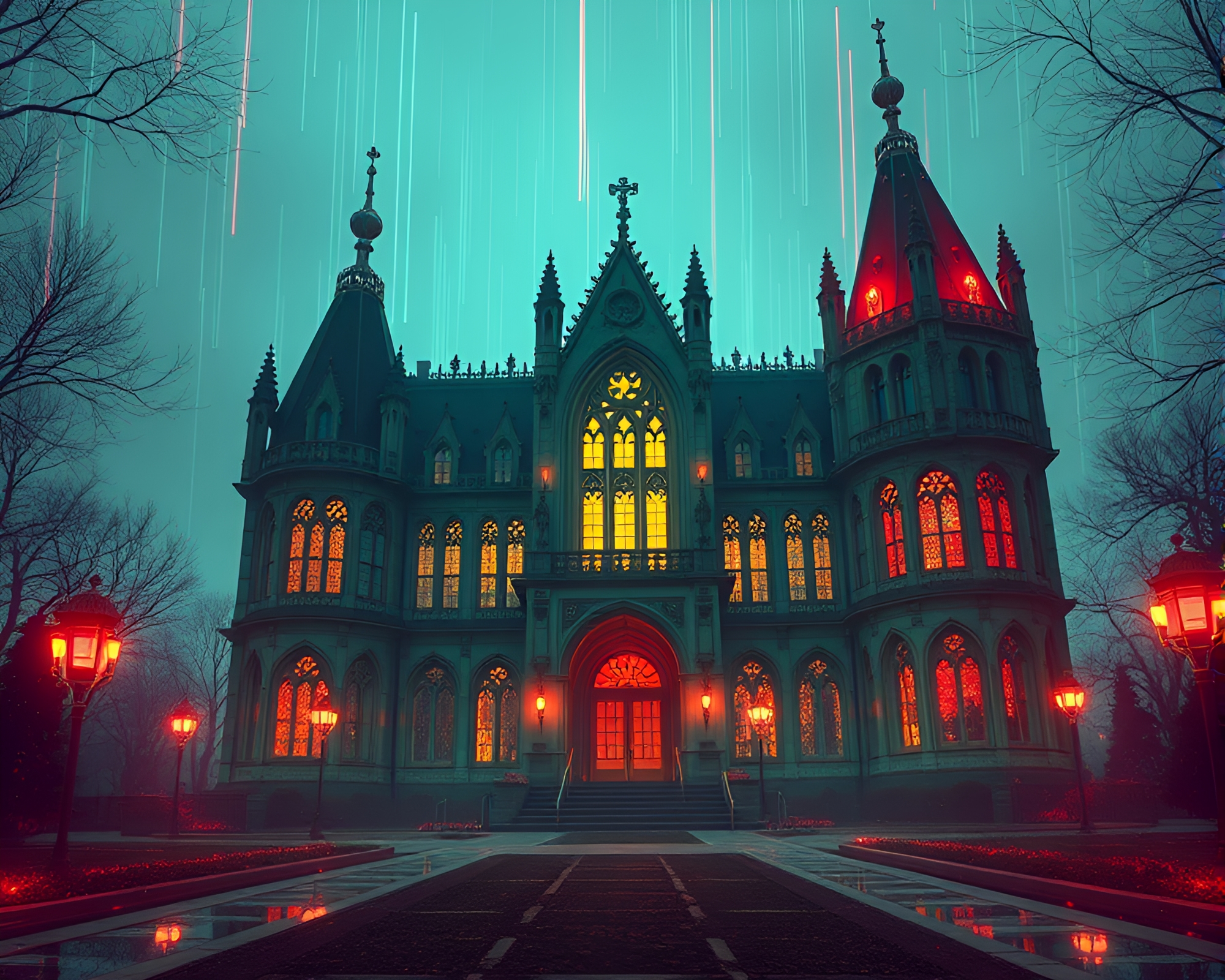 Neo-Gothic Mansion Illuminated in Jewel Tones – free AI stock image