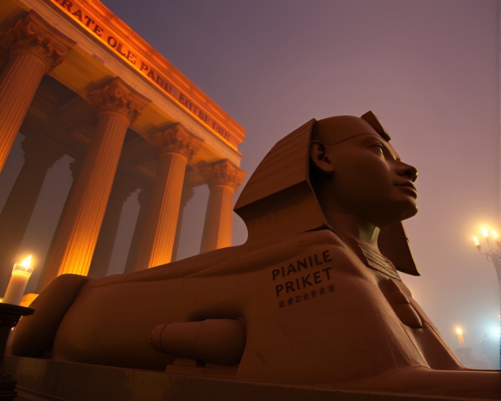 Ethereal Sphinx statue in technical illustration style under candlelight