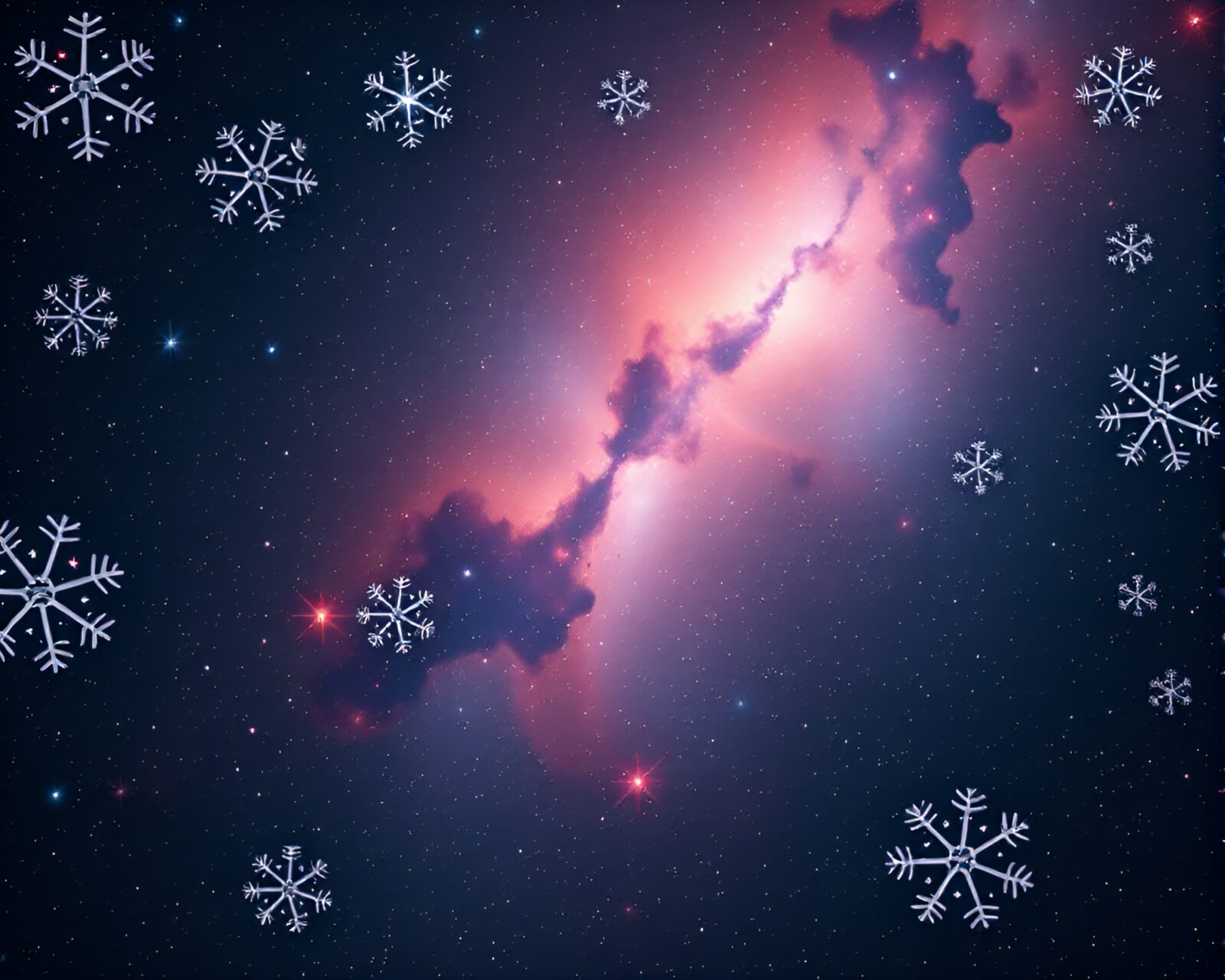 A celestial nebula made of glowing phosphorescent snowflakes on black background