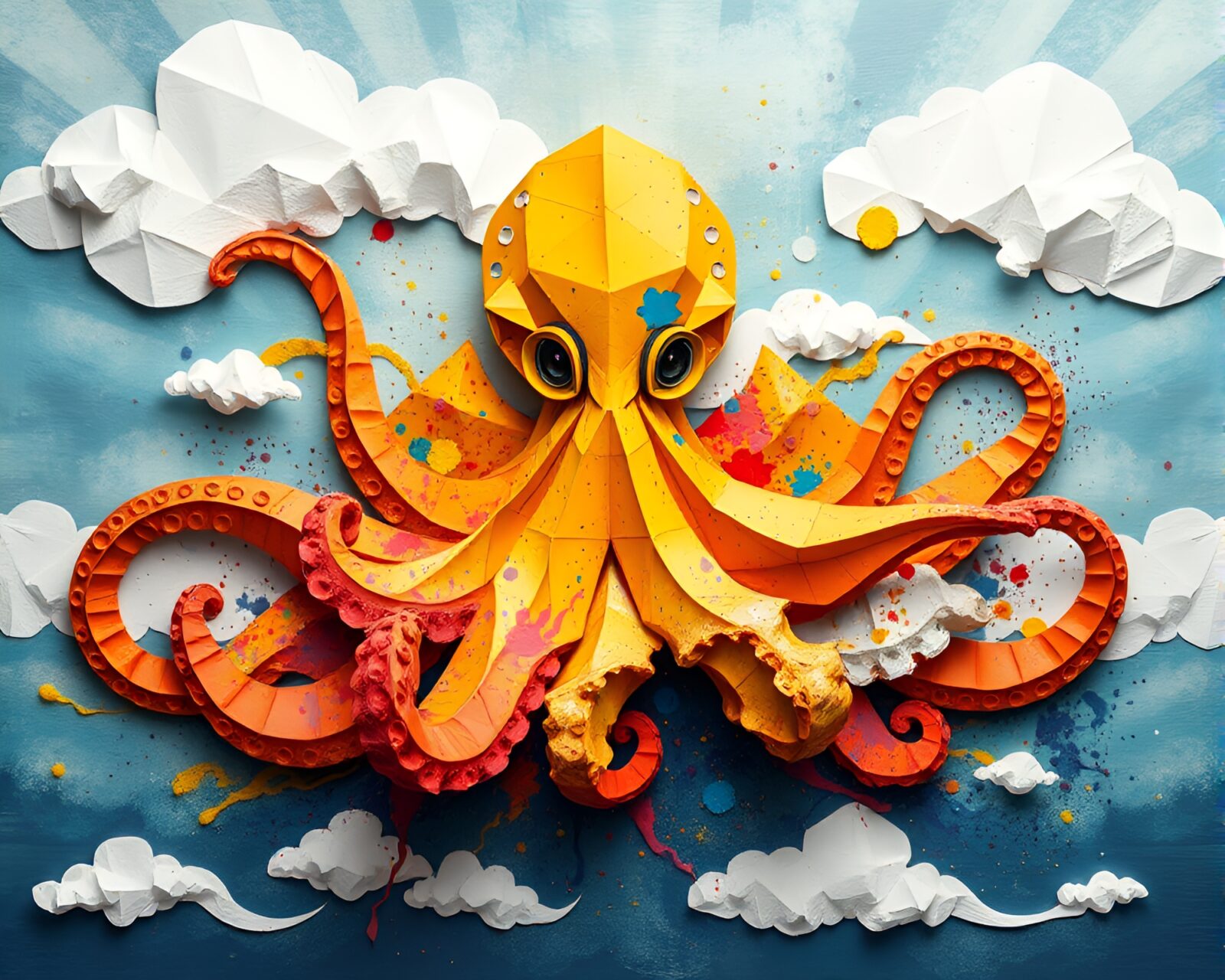 Vibrant explosion cloud shaped like an octopus in origami