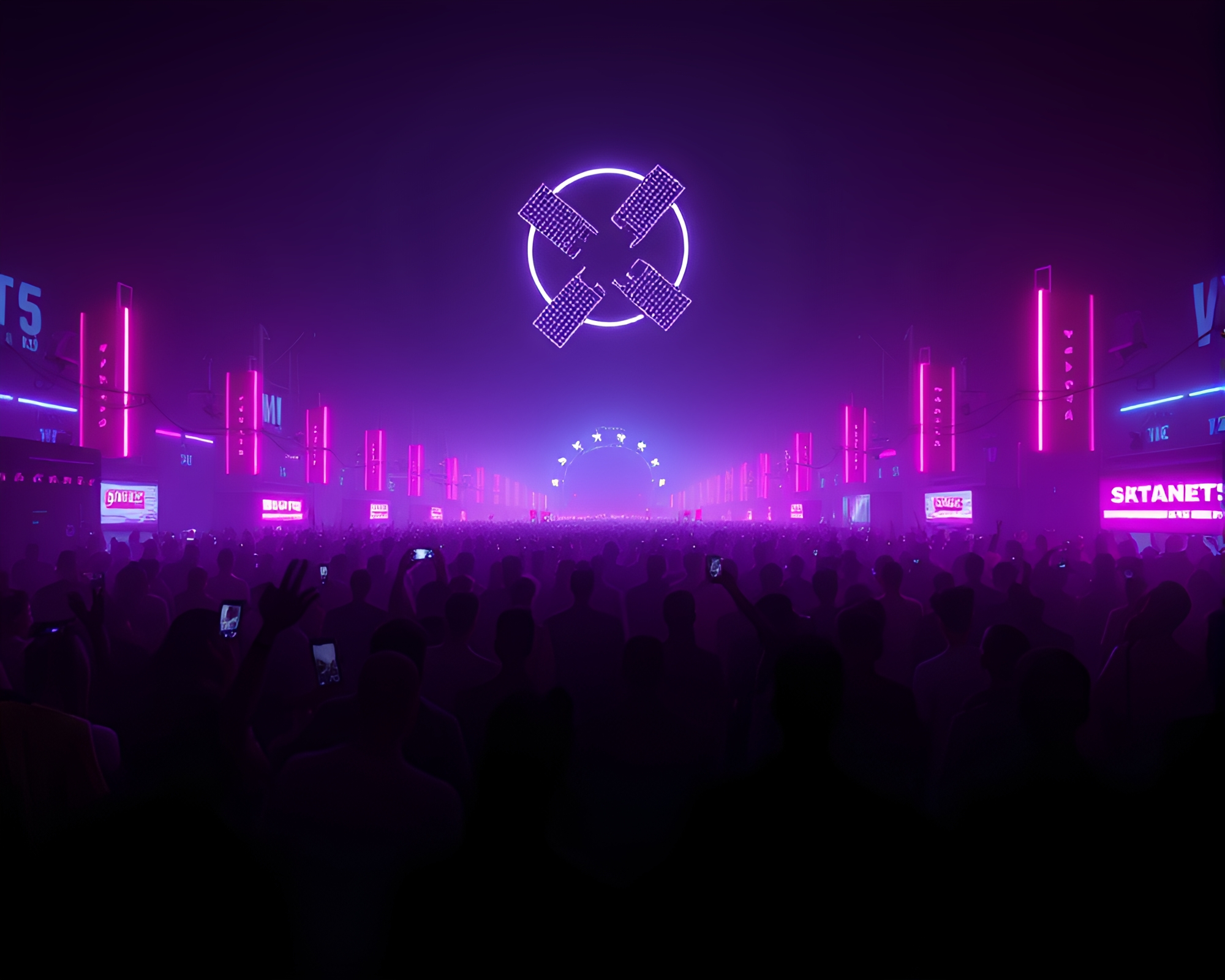 Futuristic Satellite Over Neon Silhouette Crowd CGI – free AI stock image
