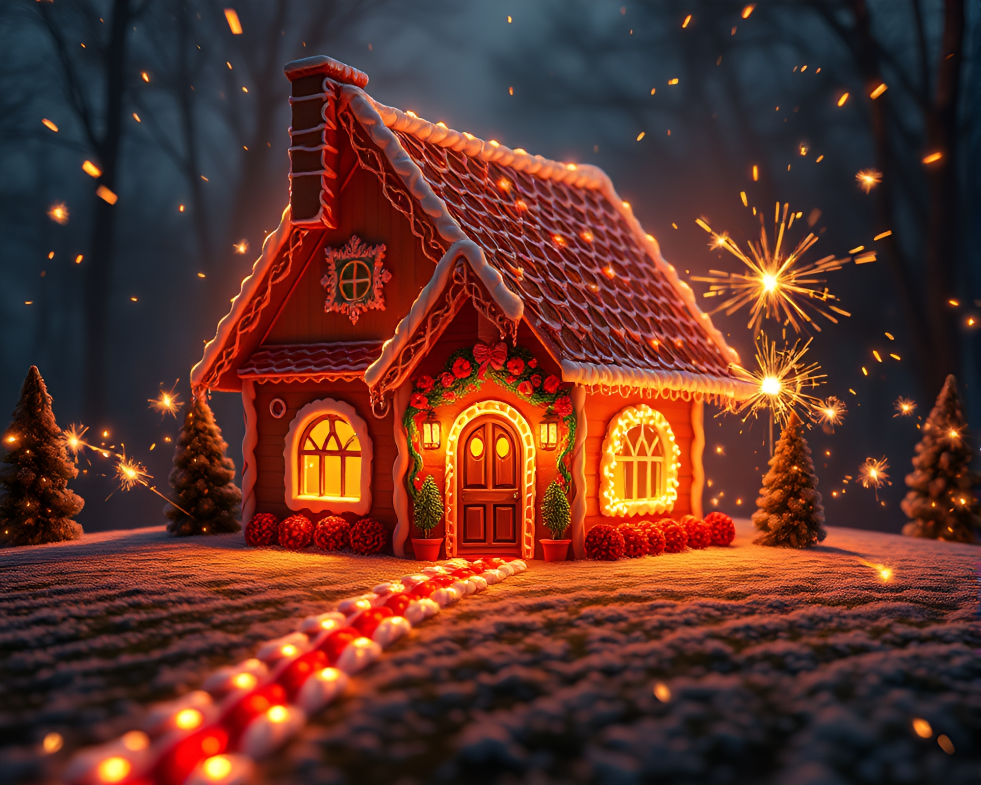 Gingerbread House Sparkler Trails in Misty 3D Scan – free AI stock image