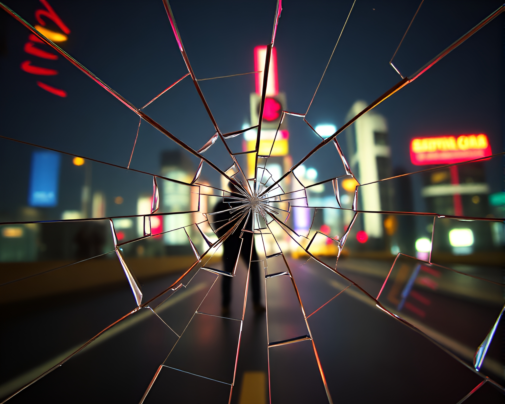 Glistening Jetpack Reflection in Broken Glass with VHS Glitch – free AI stock image